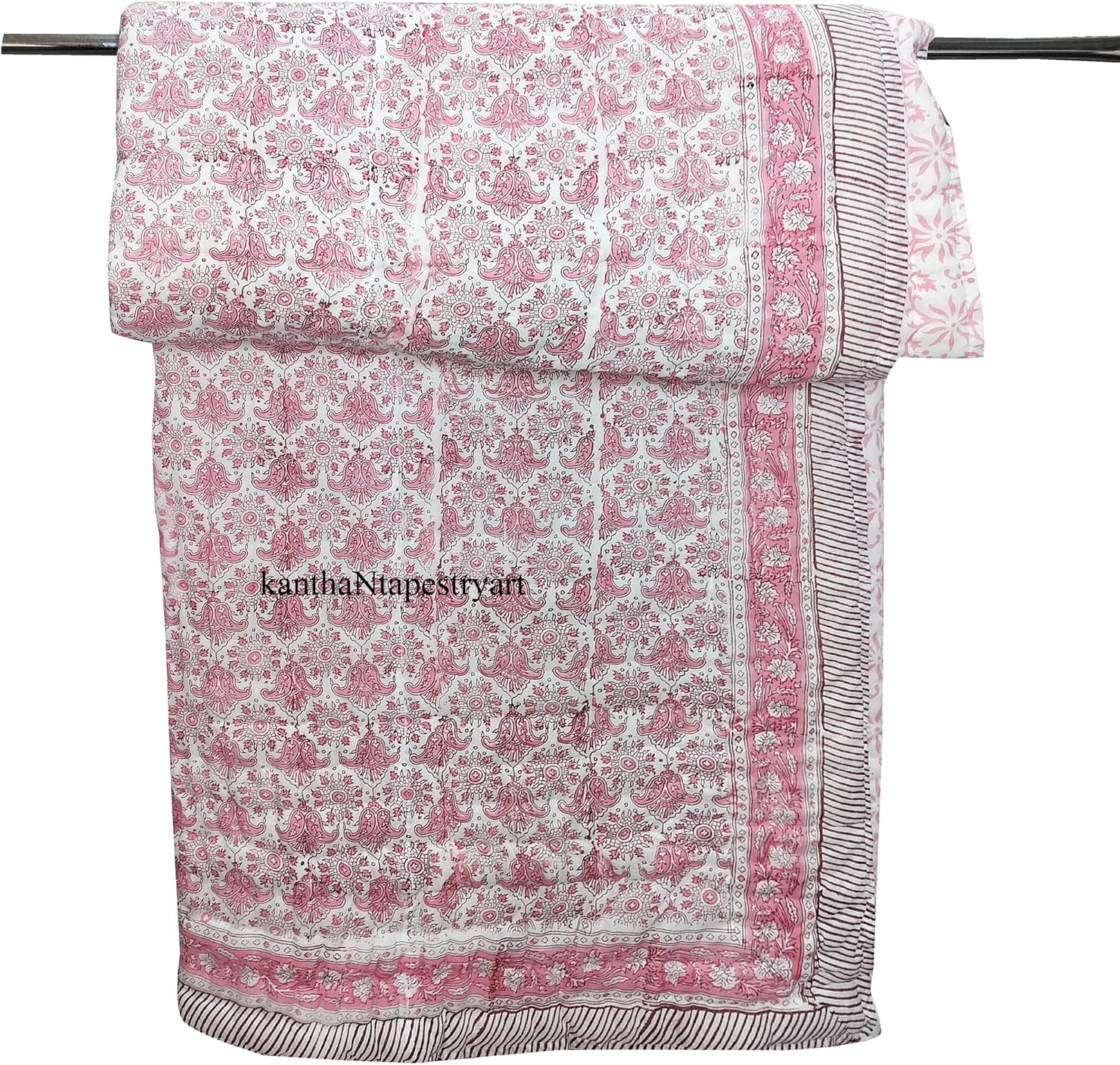 Generic kanthaNtapestryart Hand Block Print Reversiable Quilt Jaipuri Razai Blanket Throw TraditionalHandmade Light Weight Quilt Twin/King/California US (Twin Size 60x90 Inch), Pink