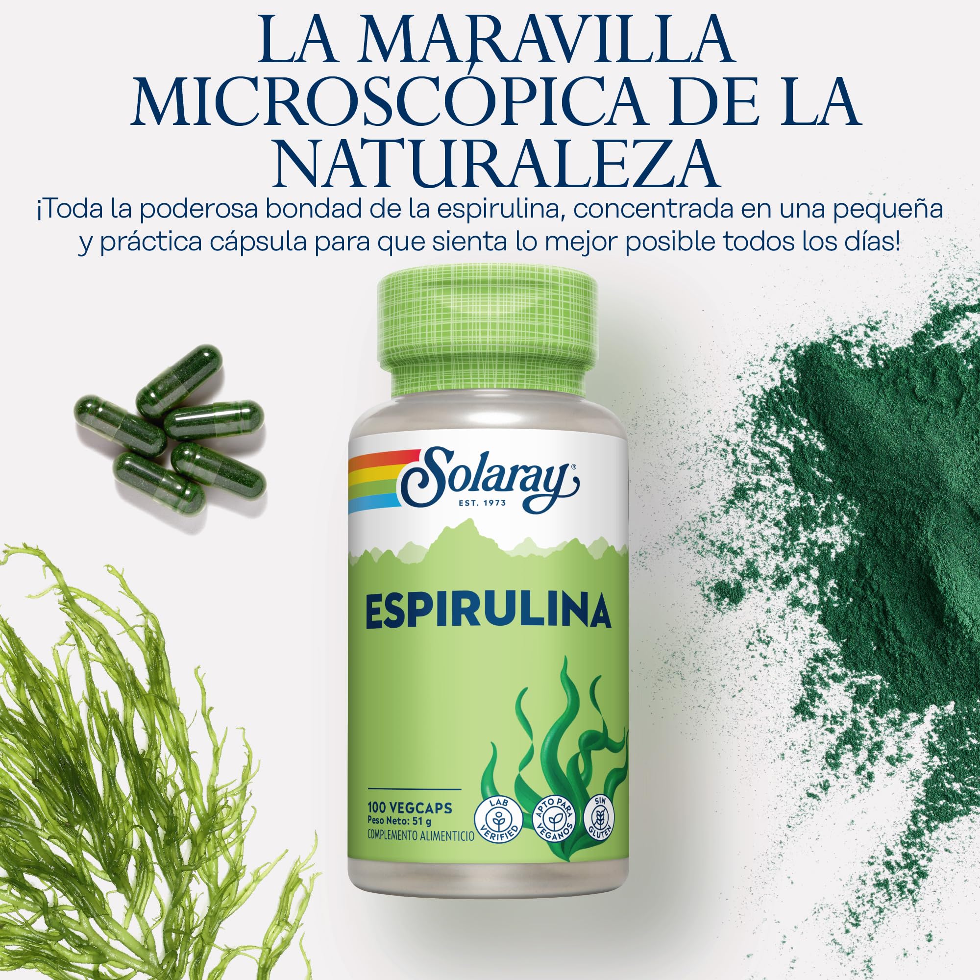 Algas espirulina – 100 cápsulas veganas, no tabletas ni polvo, suplemento de espirulina de alta resistencia con vitamina A añadida de 70 mcg, verificado en laboratorio Solaray