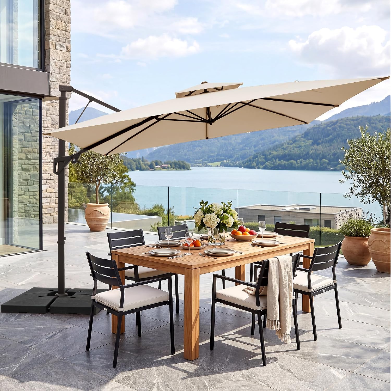 JEAREY 10ft 2-Tier Cantilever Patio Umbrella, Large Square Outdoor Offset Umbrella with Double Top Vent and 360-degree Rotation for Garden, Deck, Pool, Patio, Beige