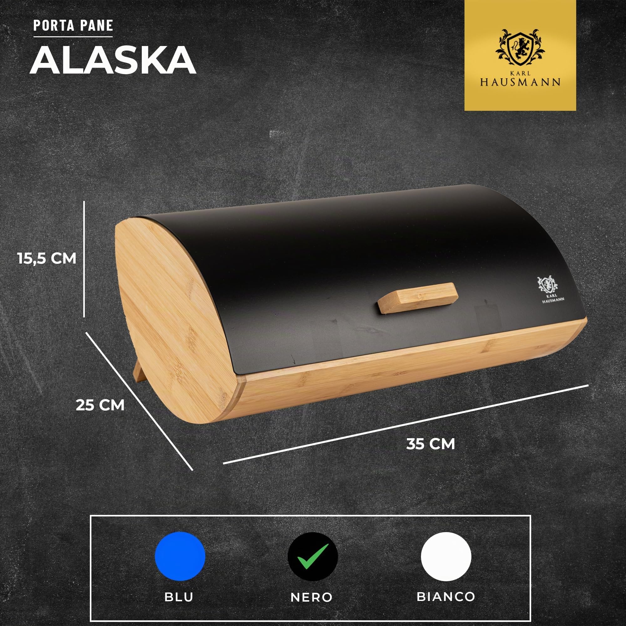 KARL HAUSMANN Porta Pane da Cucina con Coperchio - Nero Portapane Bambu - Moderno Contenitore per il Pane - Scatola Portapane in Metallo - Cassetta Portapane - Bread Box - 35 x 25 x 15,5 cm