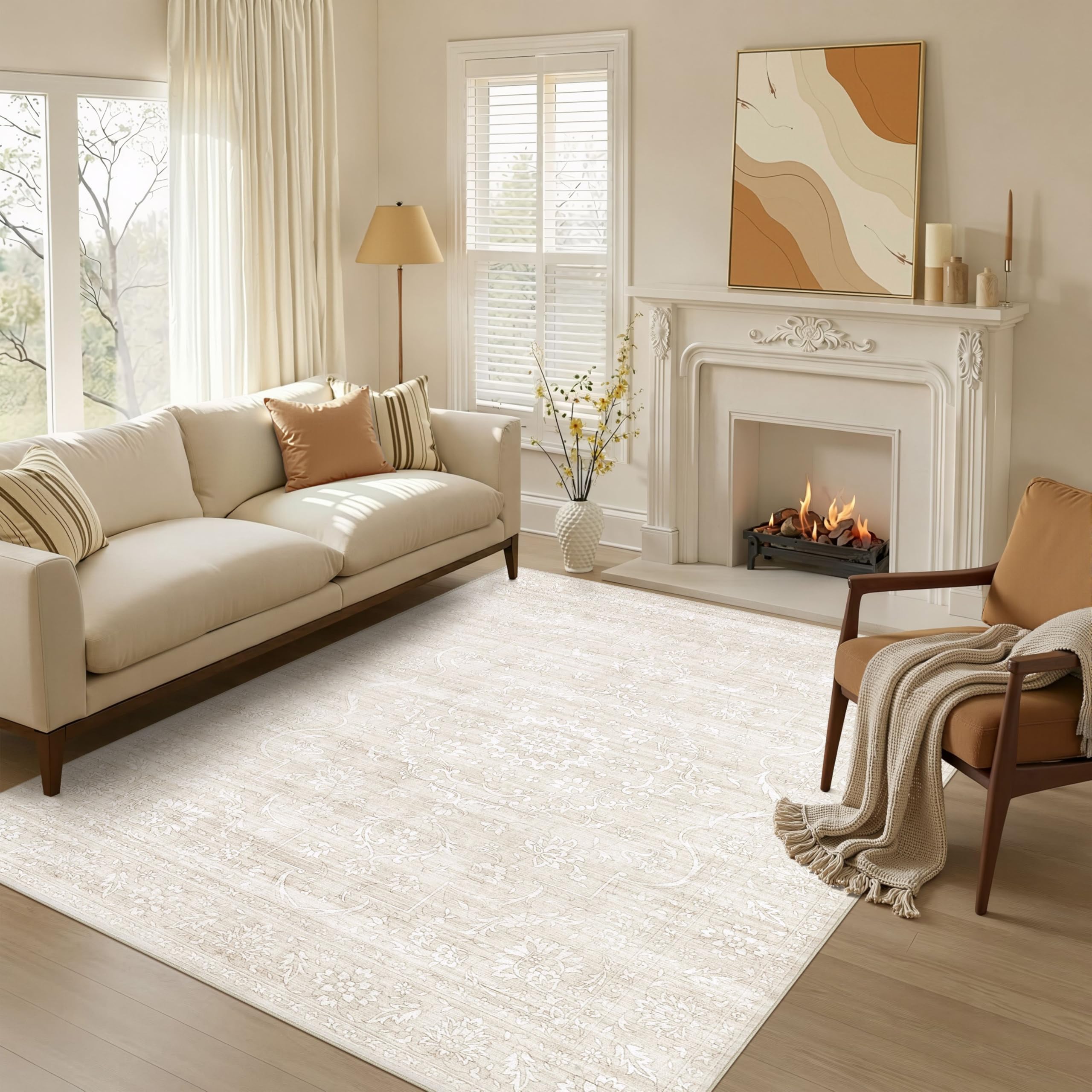 5x7 Area Rugs Living Room: Washable Large Vintage Beige Rug Neutral Non-Slip Soft Stain Resistant Indoor Carpet for Bedroom Nursery Dining Room Under Table Bed Home House Office Playroom — view 33