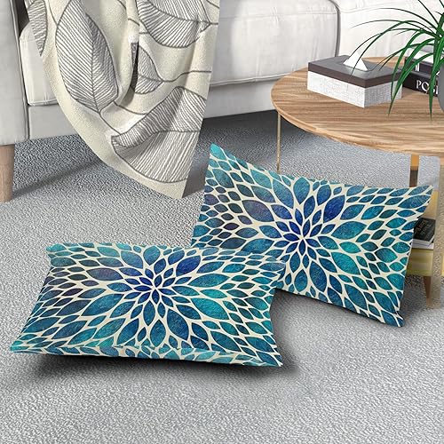 Miniatura 7 de Juego de 2 fundas de almohada de dalia verde azulado primaveral de 12 x 20 pulgadas, fundas de almohada lumbares florales de color azul marino,