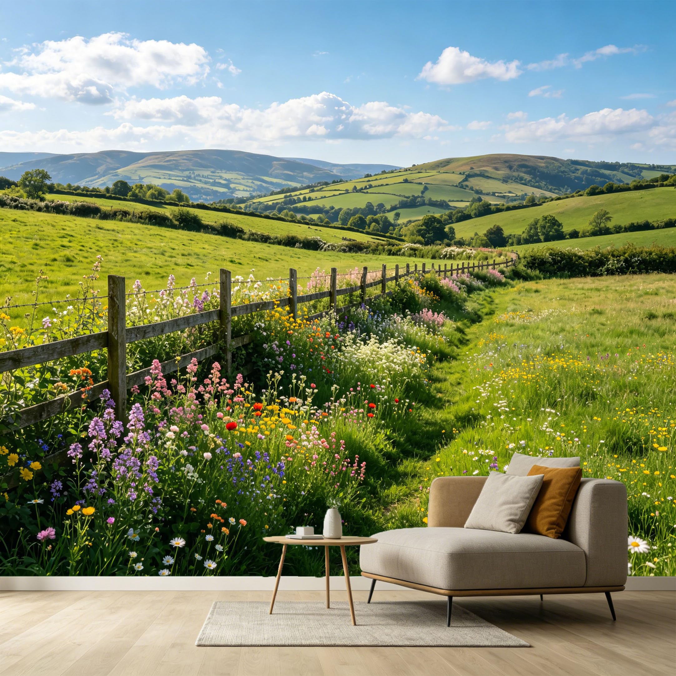 Custom Size Wall Murals Farmhouse Landscape Wildflowers Rolling Hills Wooden Fence SelfAdhesive Wall Fabric Removable Large Wallpaper for Photo Living Room