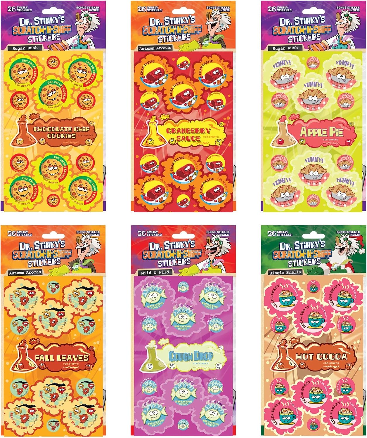 Just For Laughs Dr. Stinky’s Scratch N Sniff Stickers Fall 6-Pack, Cranberry Sauce, Leaves, Chocolate Chip Cookies, Hot Cocoa, Cough Drop, Apple Pie