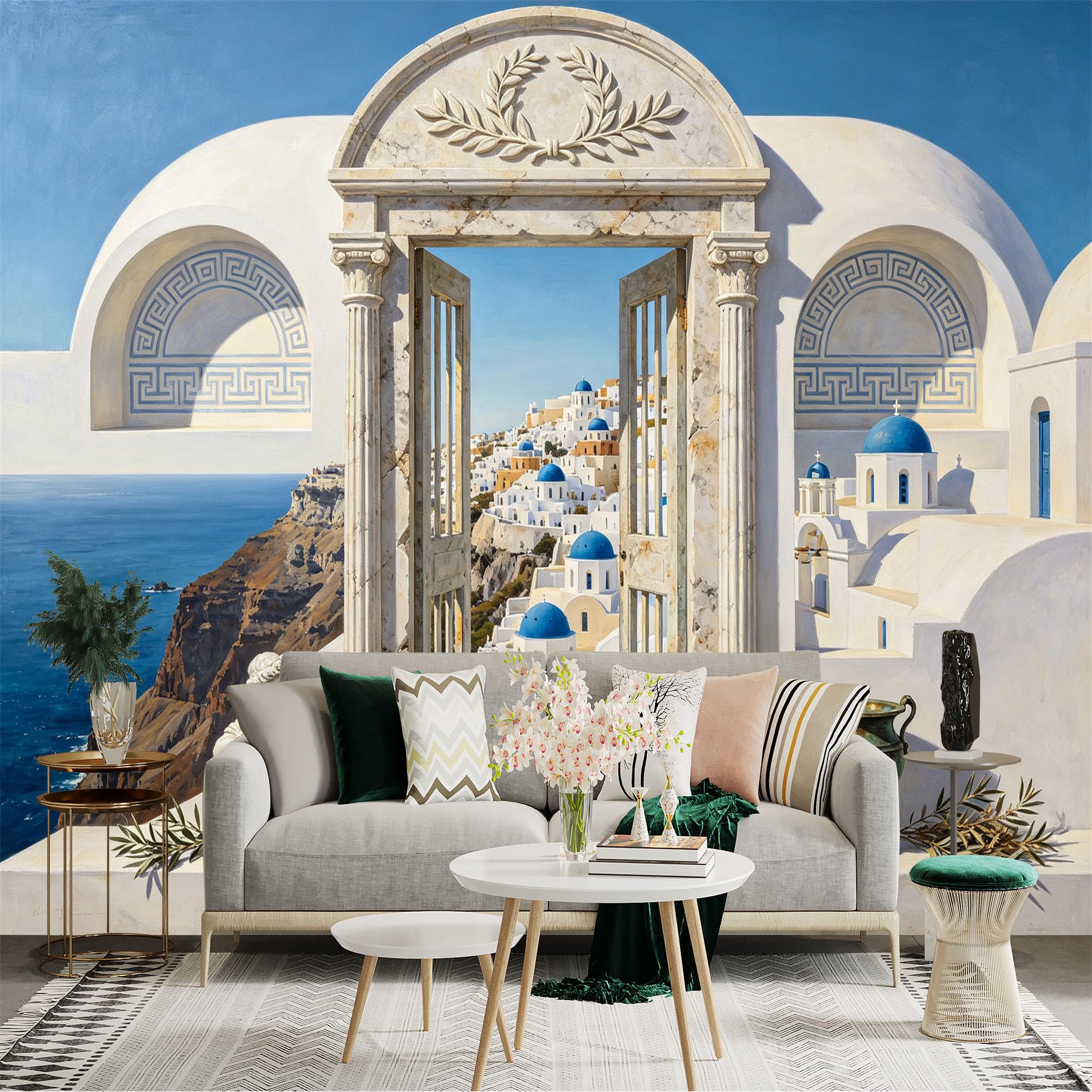 Custom Size Wall Sticker Mural， Mediterranean Seaside Village， White Dome Houses and Ocean View， for wall Decoration， peelandstick wall Decals.