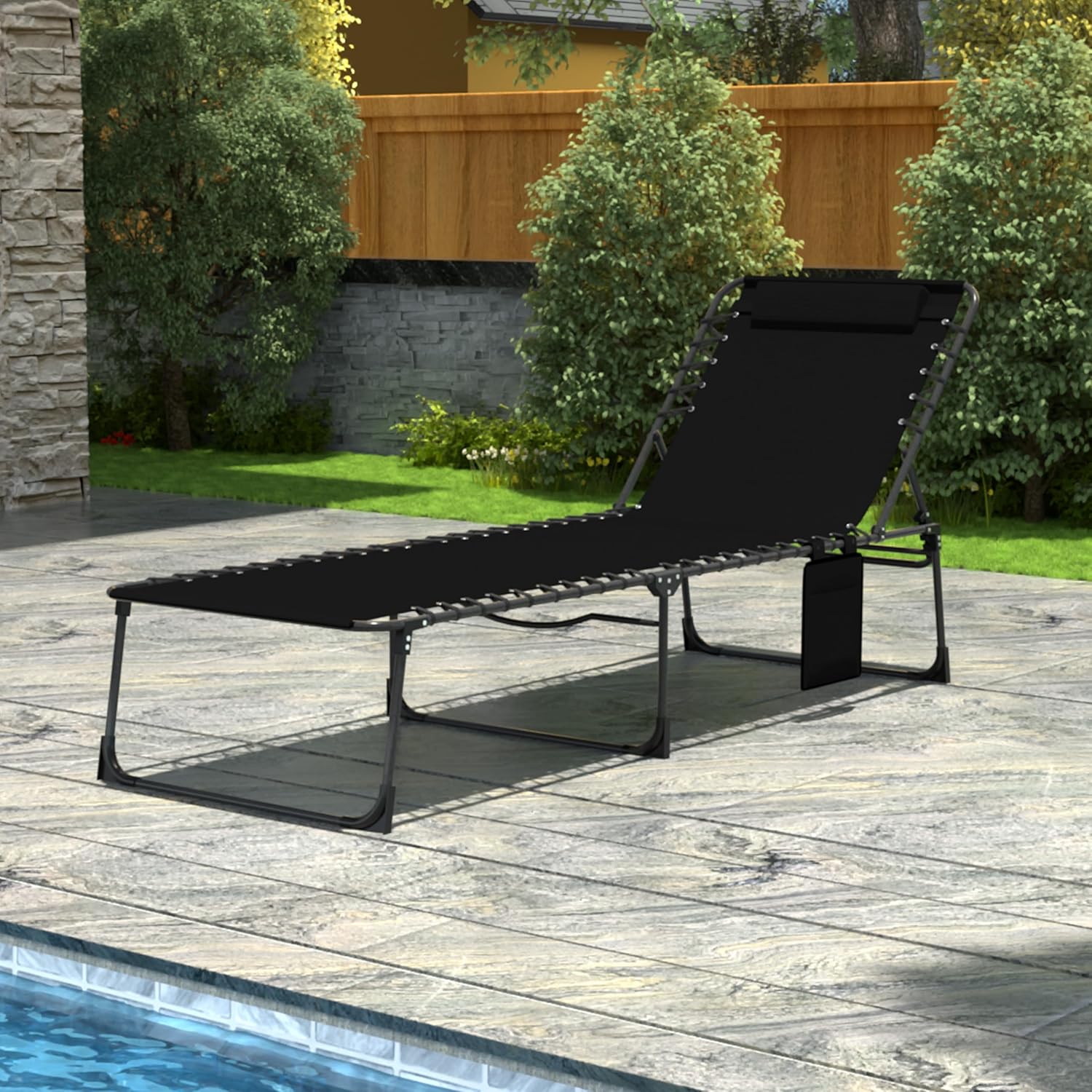 Yardenaler Foldable Chaise Lounge Chair with Detachable Pillow & Pocket, Outdoor Portable Tanning Chair with 5 Position Adjustable Back, Patio, Beach and Pool, Black