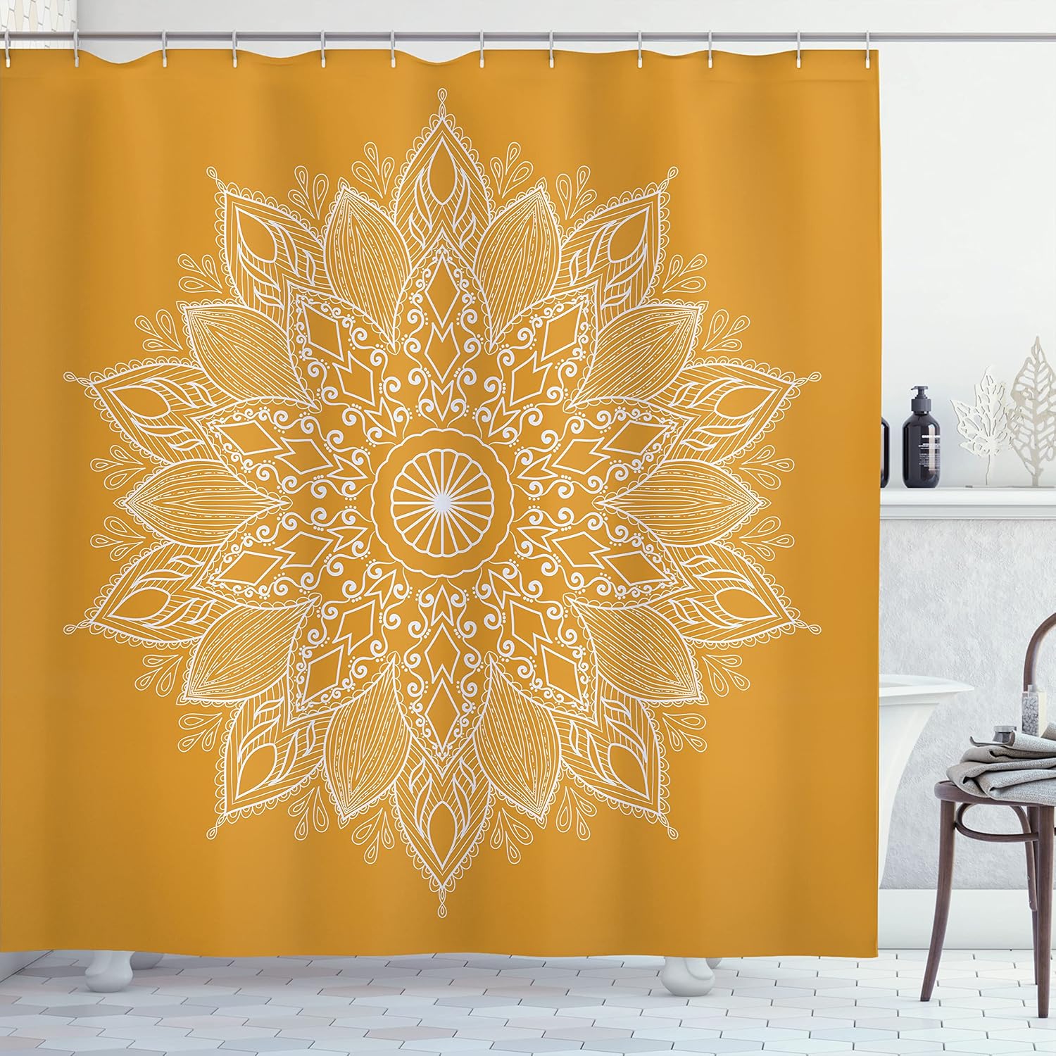 Ambesonne Mandala Shower Curtain, Lotus Inspired Flower Lace Circle Ornate Retro Pattern Eastern Universe Theme, Cloth Fabric Bathroom Decor Set with Hooks, 69" W x 84" L, Apricot White