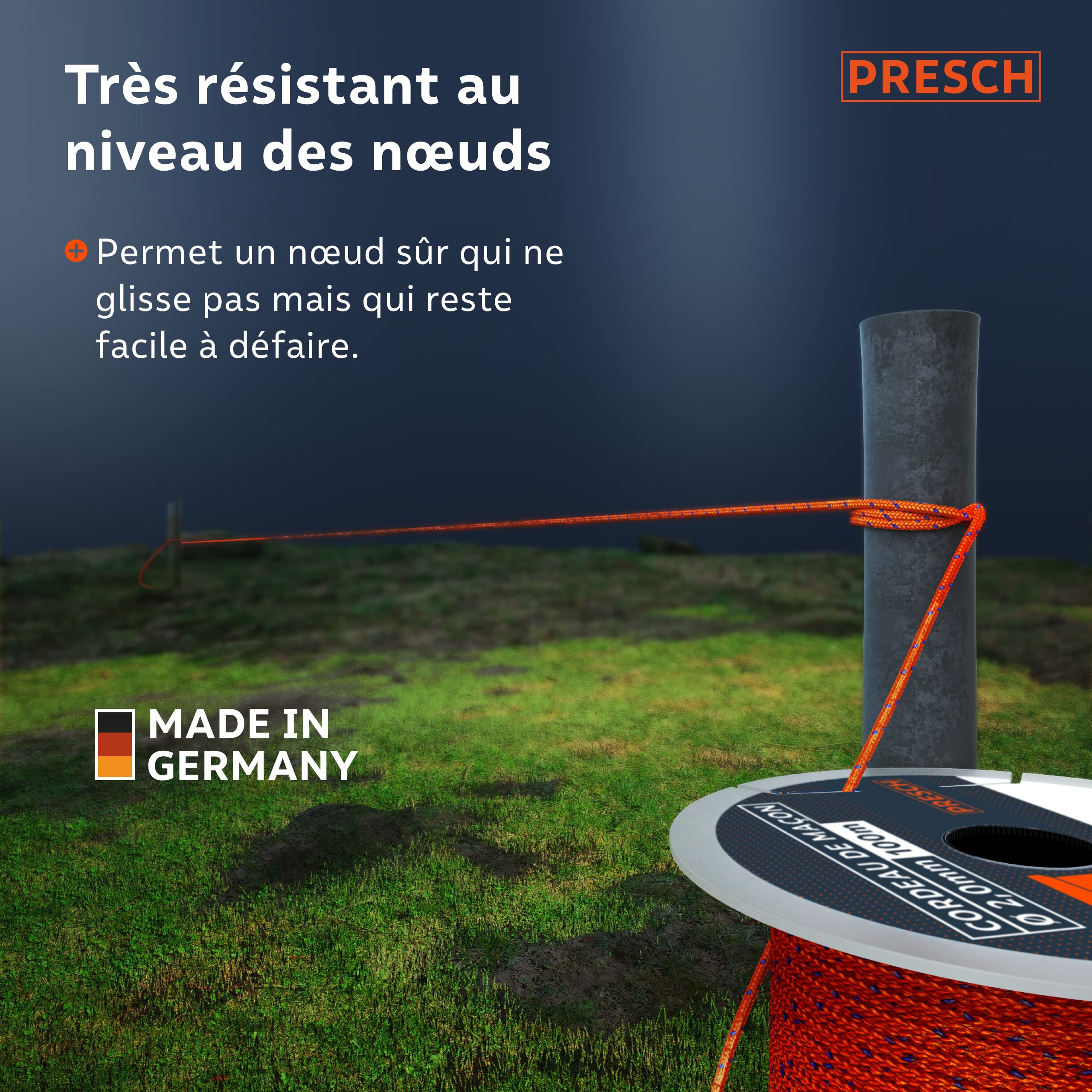 Presch Cordeau de maçon 100m | ⌀2,0mm | Polyester | Cordeau d'alignement résistant à la déchirure et aux intempéries avec Bobine | Cordeau de Construction résistant aux Noeuds