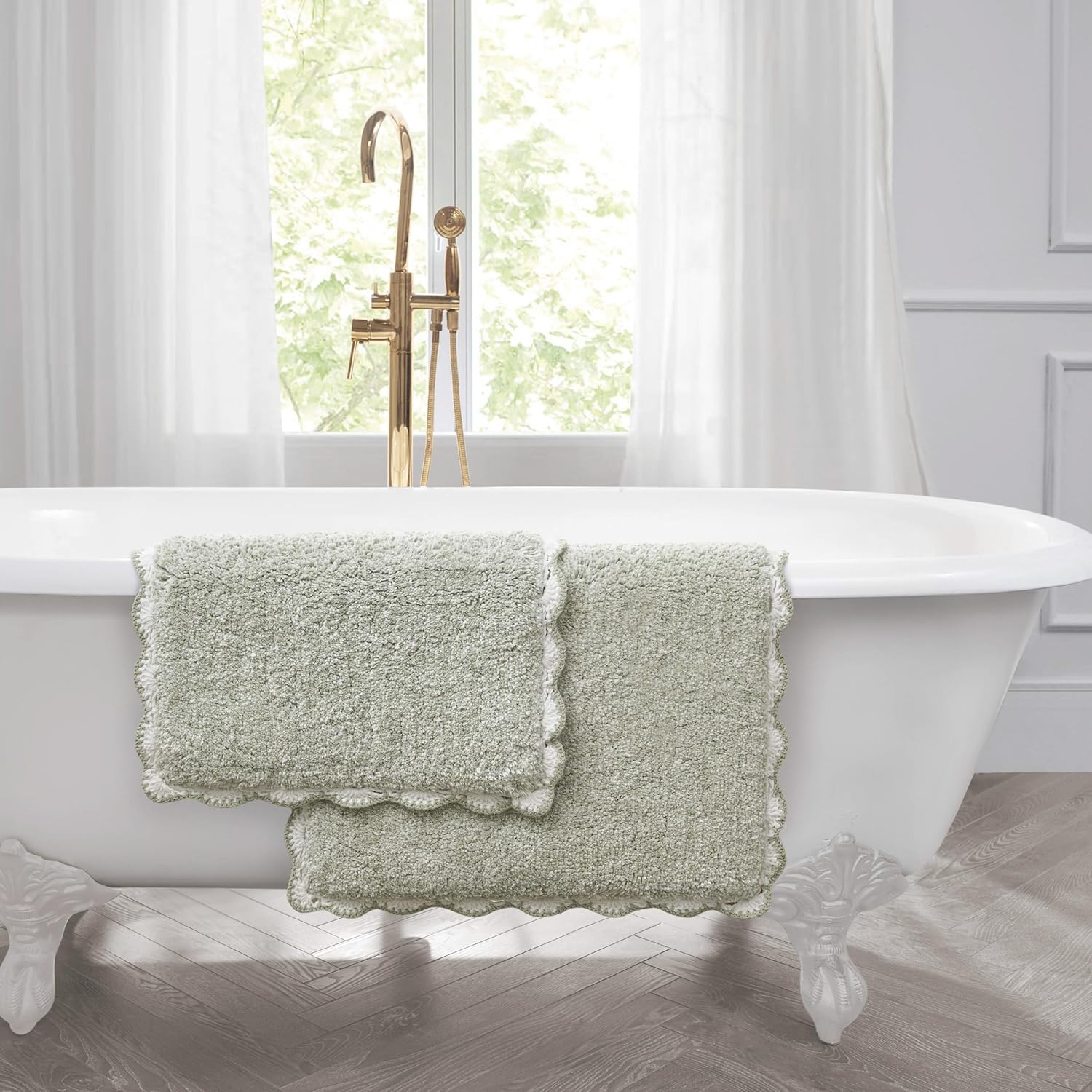 Laura Ashley Heathered Crochet Border 100% Cotton 17"x24" / 20"x32" 2-Piece Skid-Resistant Bath Rug Set, Sage Green