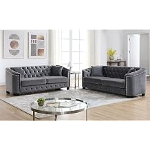 2 Piece Modern Chesterfield Velvet 77" 3-Seater Sofa Set,Upholstered Tufted Backrests with Nailhead Arms and 4 Cushions for Living Room, Bedroom, Apartment,Grey