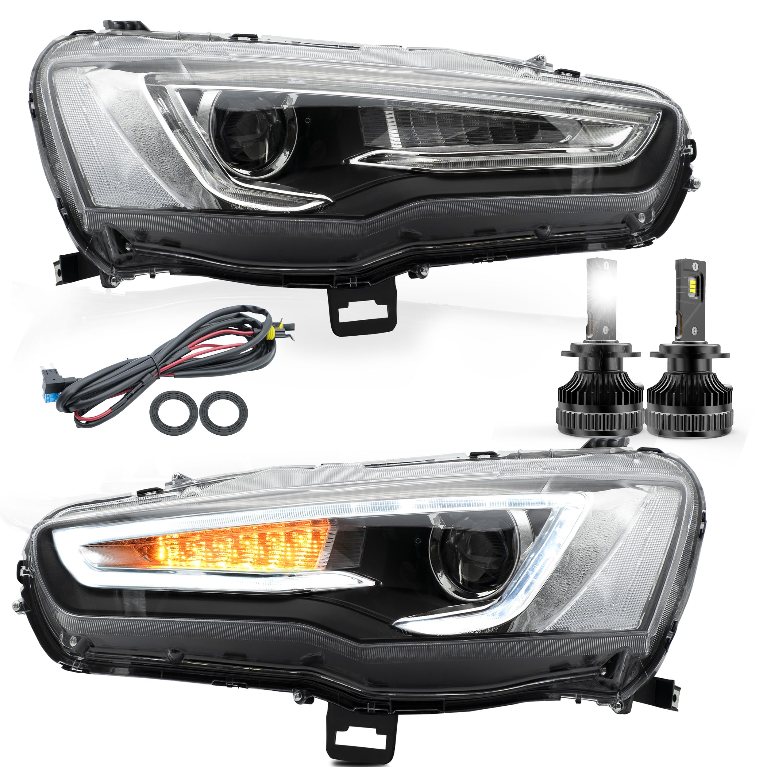 VLANDHeadlight Assembly with D2S Bulbs Fit for Mitsubishi Lancer 2008 2009 2010 2011 2012 2013 2014 2015 2016 2017 2018 2019 2020, LED Headlamp Assembly with DRL Sequential Turn Signal, Plug-and-play