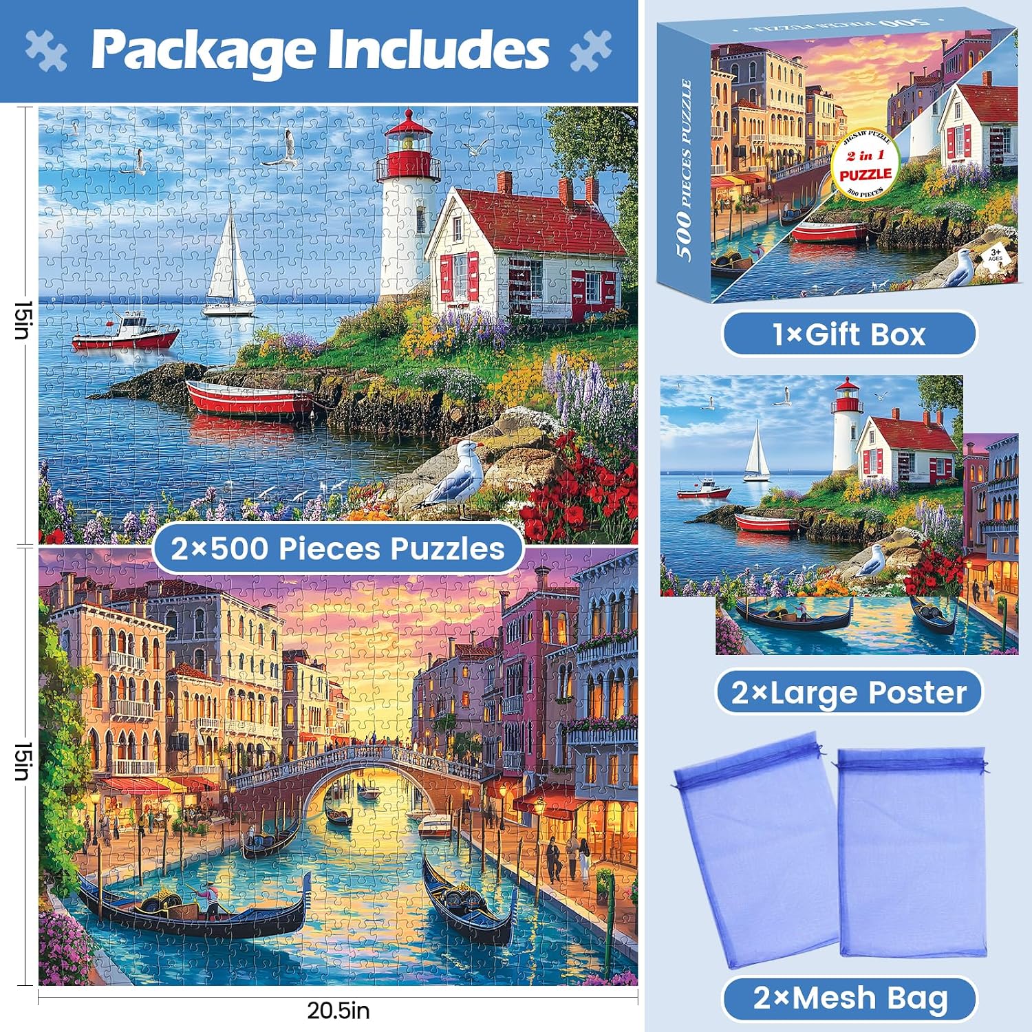 2 Pack 500 Pieces Puzzle for Adults,Beach Jigsaw Puzzles 500 Pieces City Building Puzzles Scenery Puzzle 500 Piece Premium Cardboard Jigsaw Puzzle for Tabletop Challenging Family Activity Gift Toy image 3