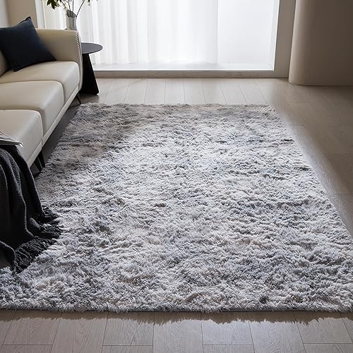 Miniatura 5 de Grozoken Alfombra suave de 3 x 5 pies, esponjosa, de felpa, antideslizante, para mesita de noche, dormitorio, suelo, interior, gris claro