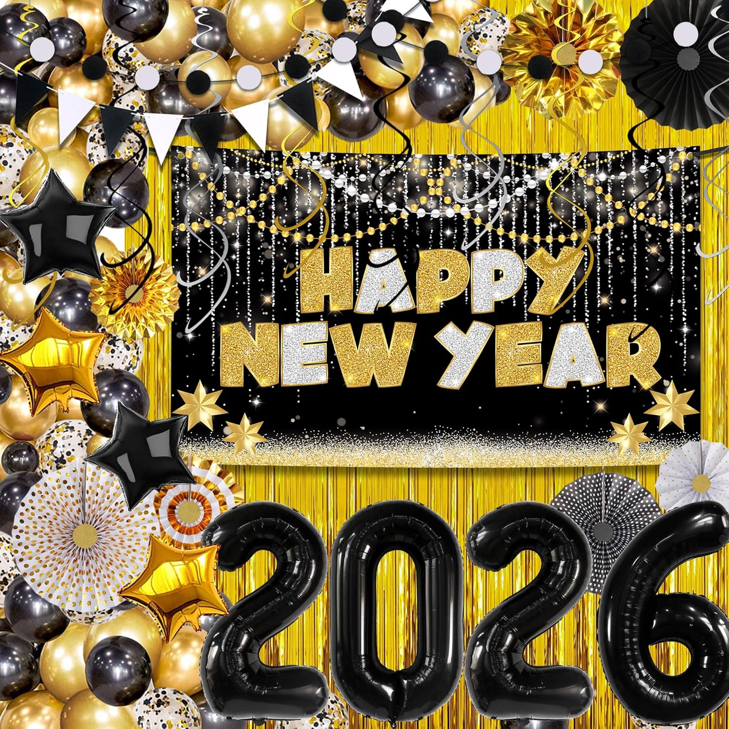 KatchOn, Happy New Year Decorations 2026 - Pack of 116 | Large Happy New Years Banner for NYE Decor 2026 & New Year Decorations 2026 Black and Gold Set
