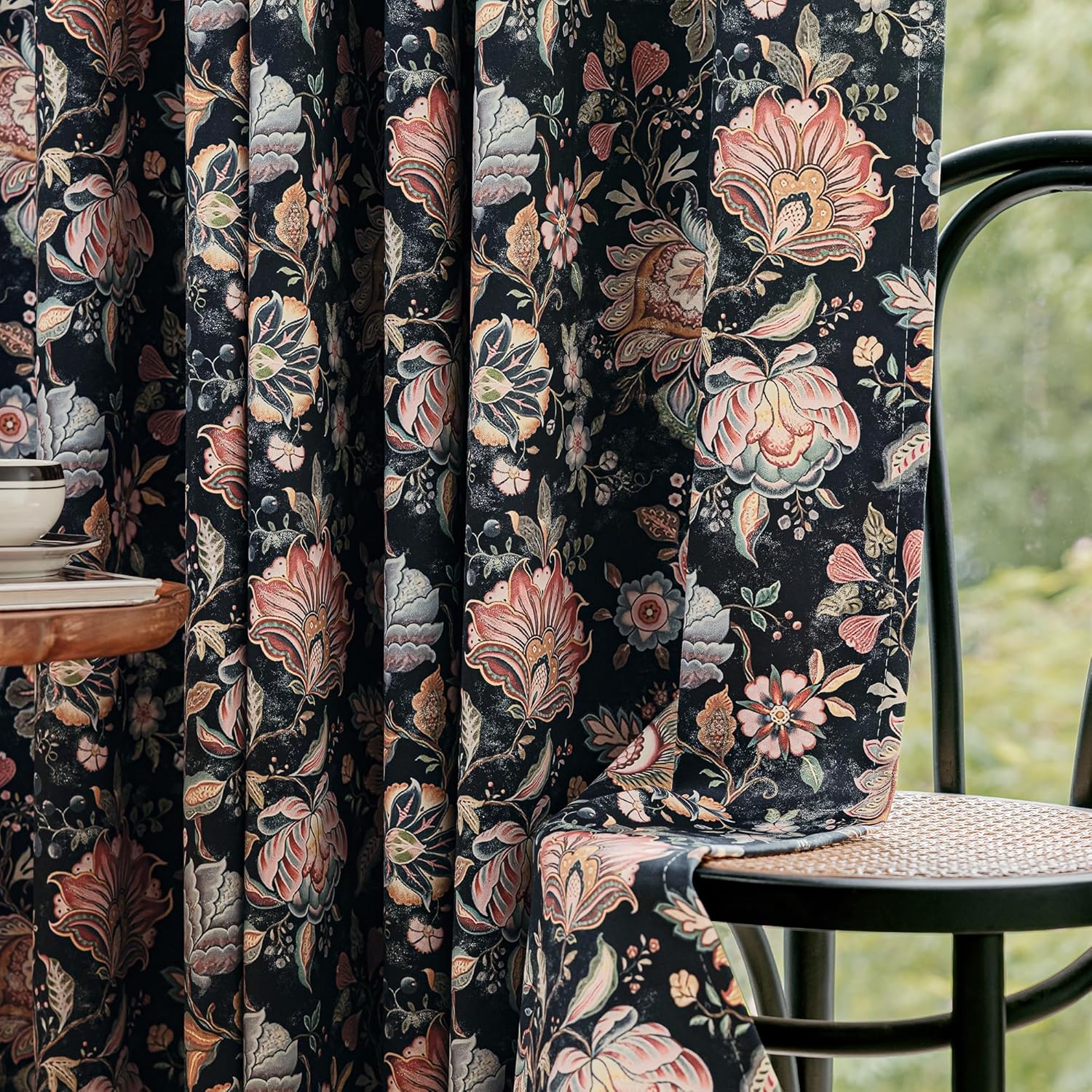FMFUNCTEX 100% Boho Blackout Floral Curtains for Bedroom, Vintage Flower Patterned Black Curtains 72 Inches Long for Living Room Darkening Thermal Insulated Grommet Window Farmhose Drapes 2 Panels