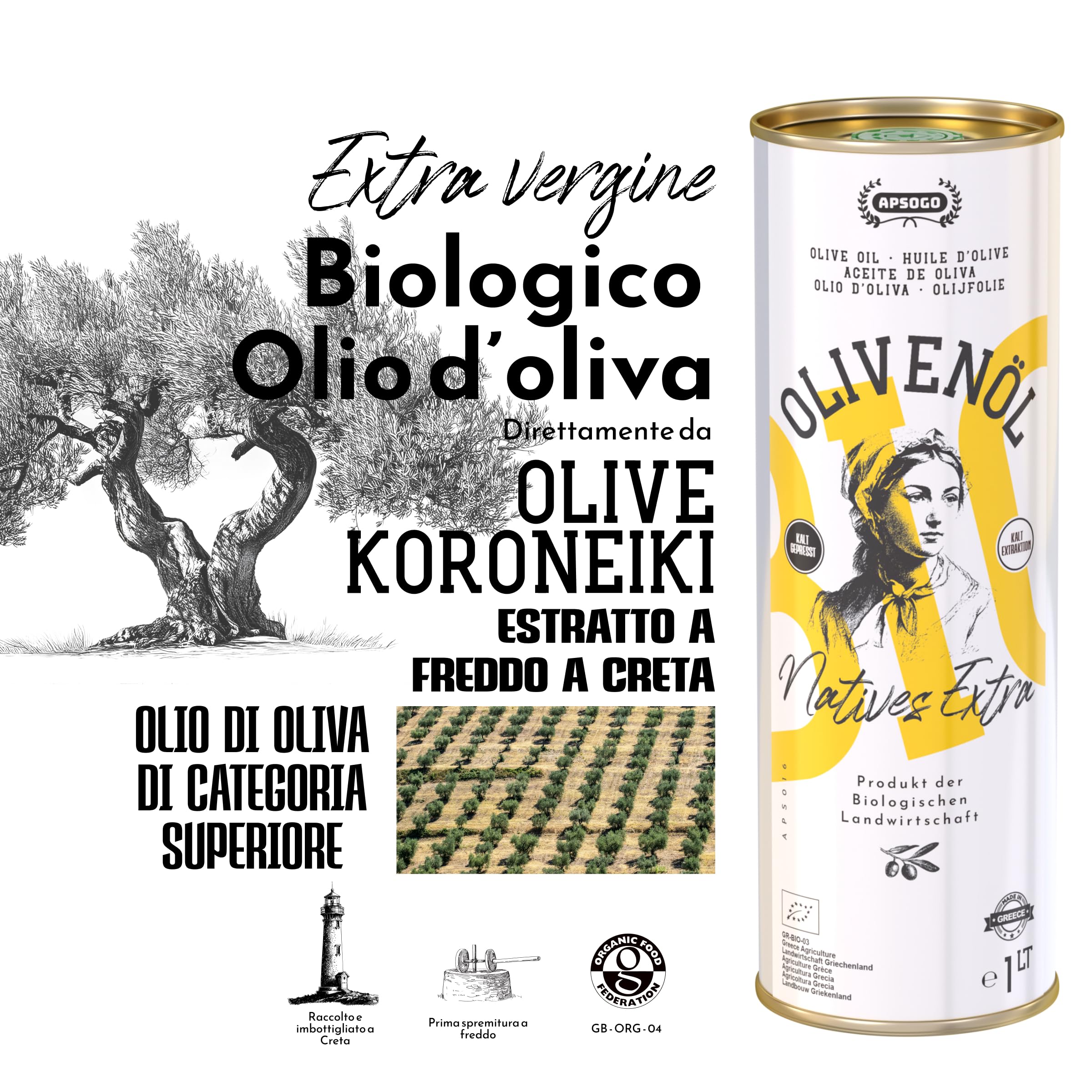 Apsogo Olio Extravergine di Oliva Biologico - EVOO Greco da Creta, 1L | Olio extravergine di oliva biologico da Creta, Grecia - spremuto a freddo, gusto fresco e fruttato con finale piccante.
