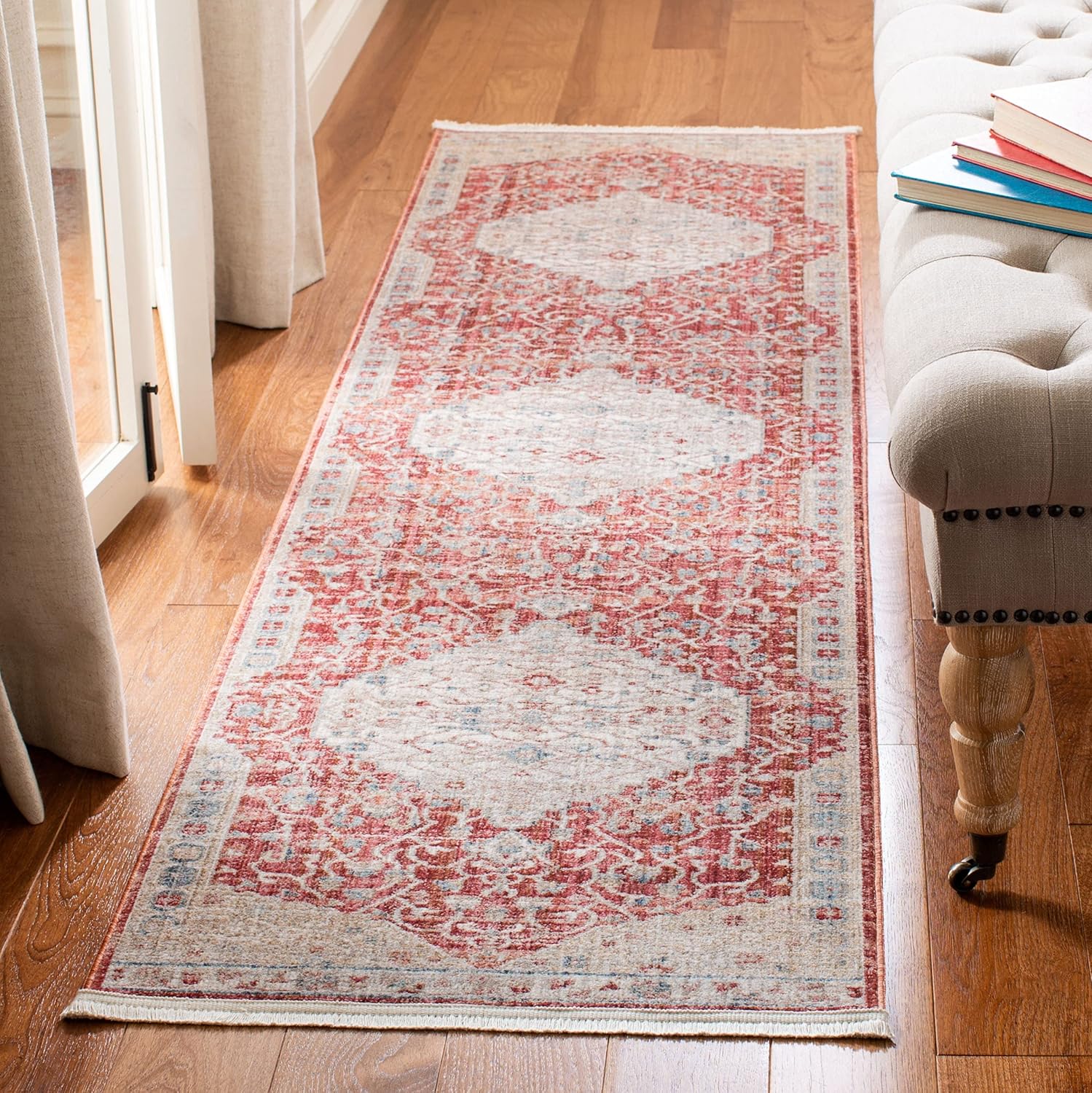 SAFAVIEH Kenitra Collection Runner Rug - 2'2" x 8', Red & Beige, Vintage Oriental Distressed Design, Non-Shedding & Easy Care, Ideal for High Traffic Areas in Living Room, Bedroom (KRA661R)