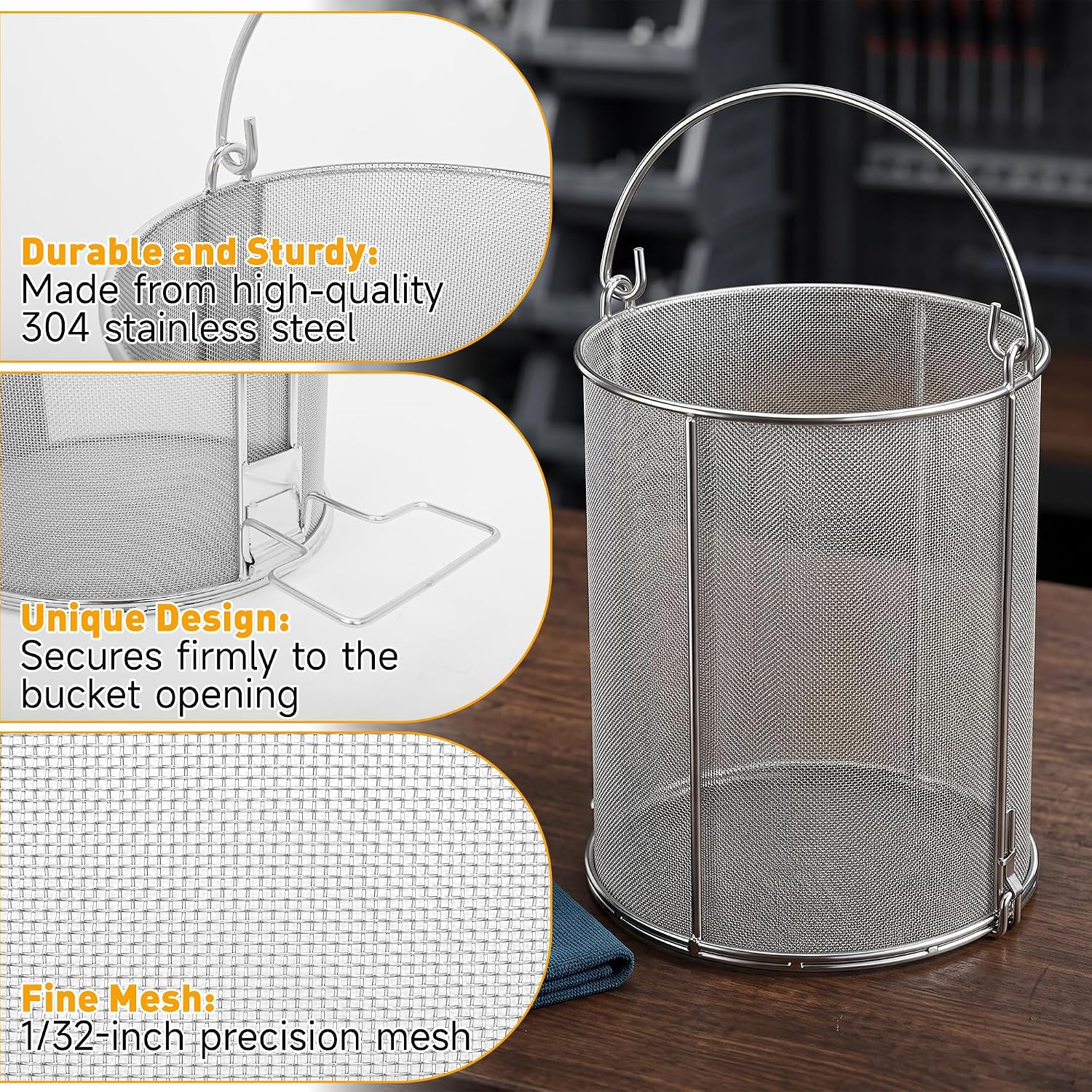 1/32" Mesh Stainless Steel Dip N' Drain Parts Cleaning Strainer Basket for 5 Gallon Buckets, Swing Handle Heavy Duty Automotive Parts Washer for Mechanics Garage Shop Home Workshop