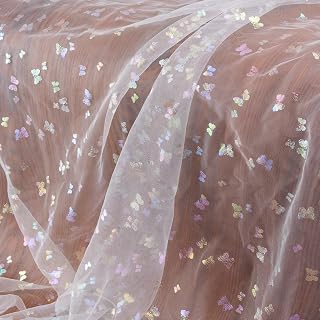 URROMA 1 Yard Embroidery Butterfly Lace Fabric, White Bronzing Butterfly Lace Fabric Mesh Tulle lace for DIY Wedding Dress Costume Veil Accessories