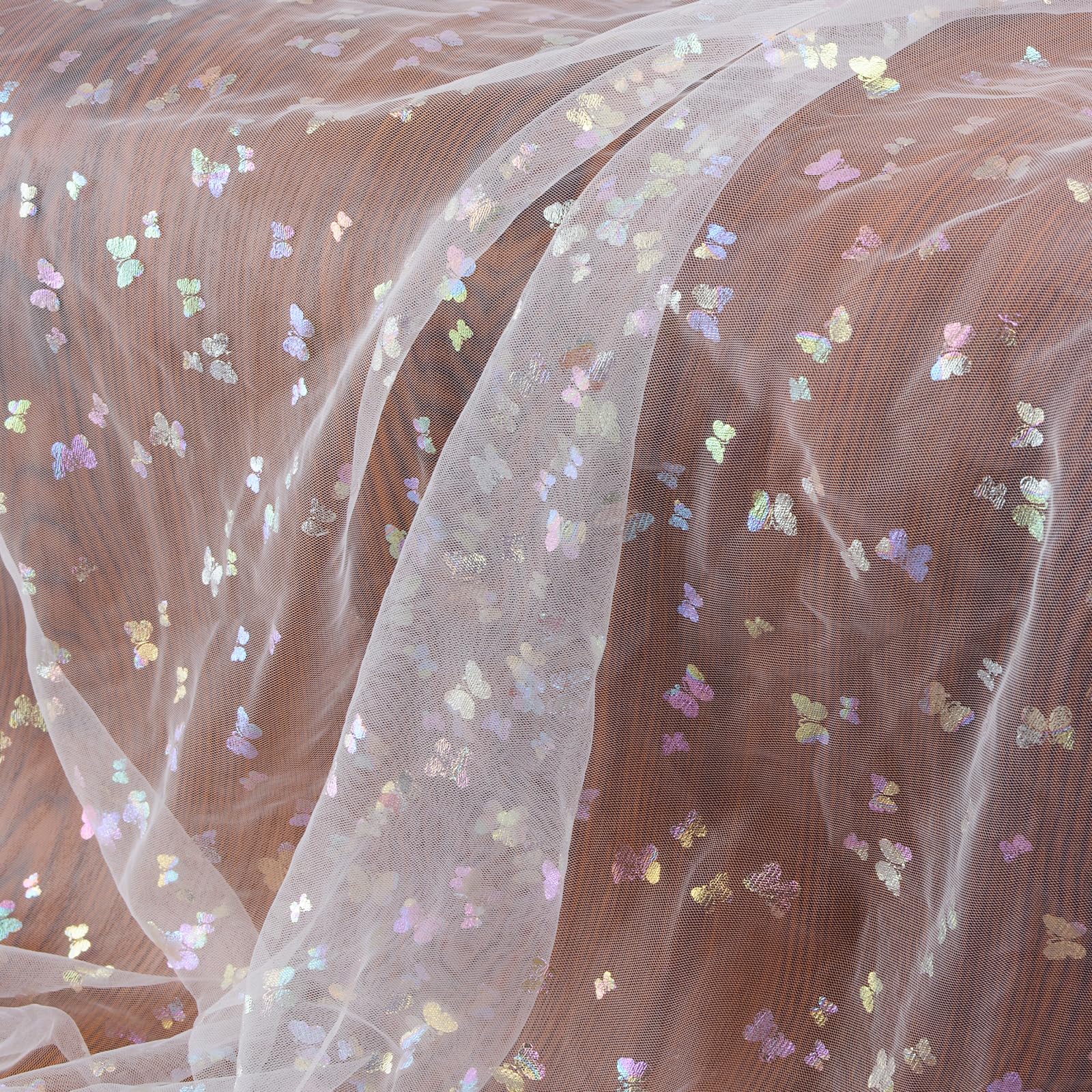 URROMA 1 Yard Embroidery Butterfly Lace Fabric, White Bronzing Butterfly Lace Fabric Mesh Tulle lace for DIY Wedding Dress Costume Veil Accessories