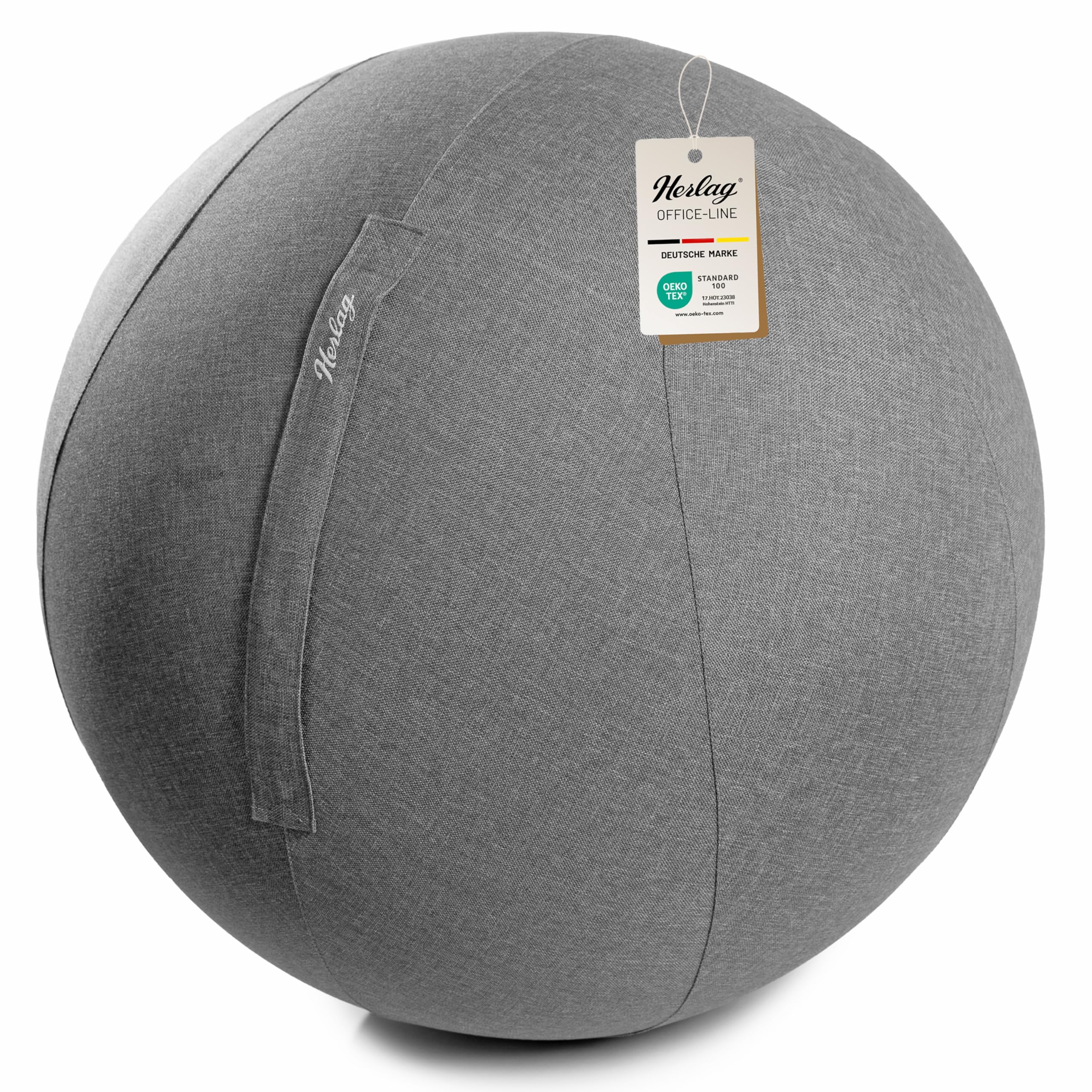 Herlag Office Ball 65cm - Sitzball ergonomisches Sitzen - Gymnastikball Büro & Home Office - Inklusive Stoffbezug Innenball Pumpe Adapter - Alternativer Bürostuhl - Waschbarer Bezug - Grau