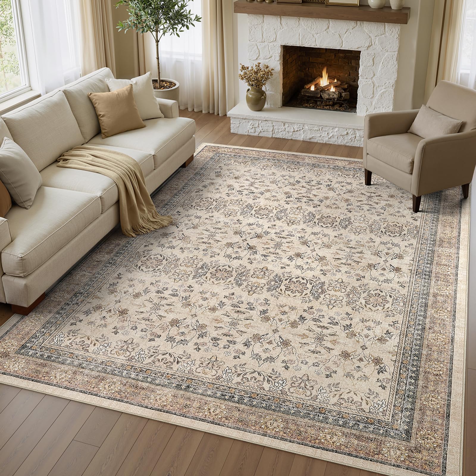 View 1 of 10x12 Area Rugs for Living Room Washable Vintage Rug Beige/Brown/Oatmeal