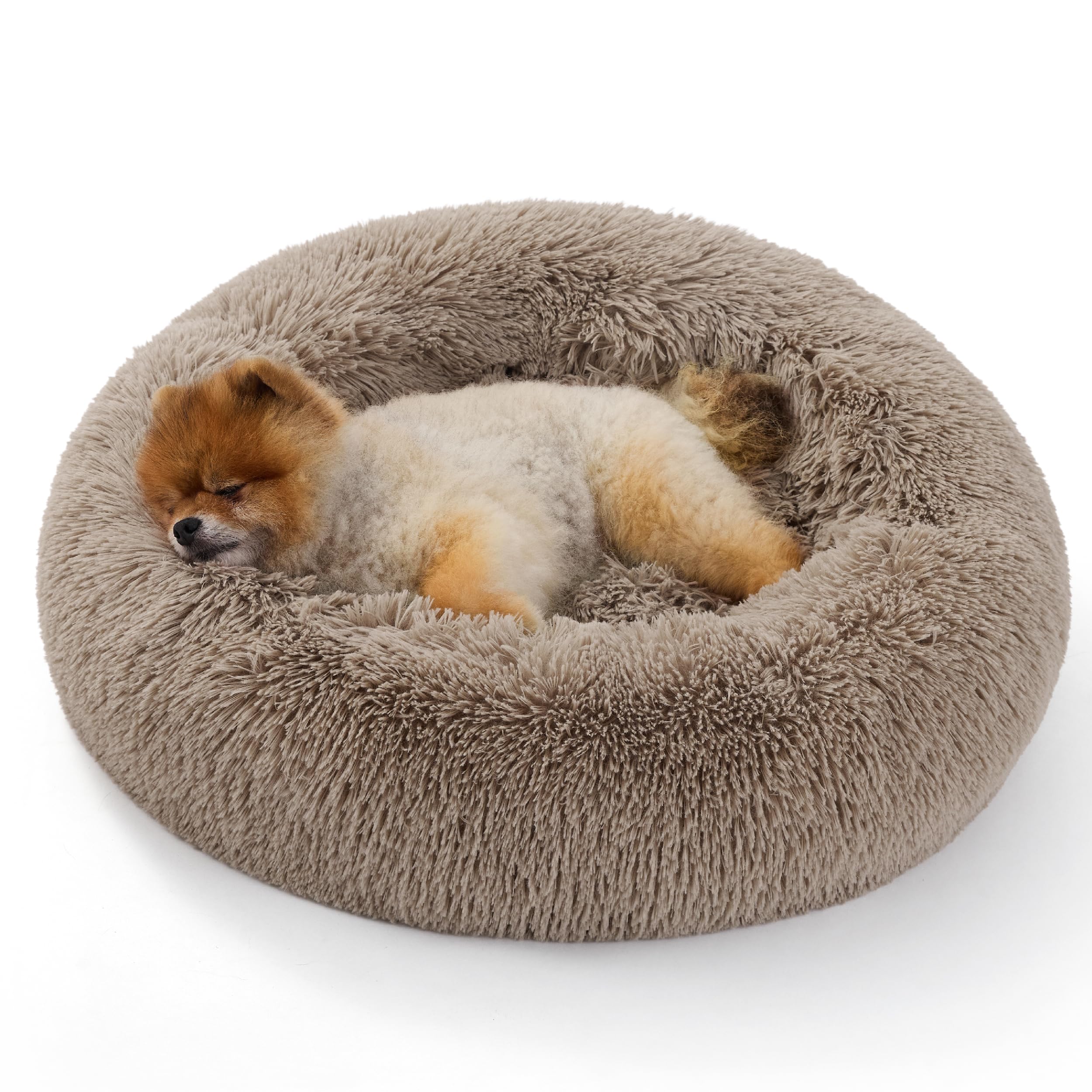 Bedsure Lit pour Chien Lavable - Ø 60 cm lit pour Chat Moelleux, Espace de Sommeil pour Chats et Petits Chiens, Coussin Rond en Peluche, lit Douillet, Camel