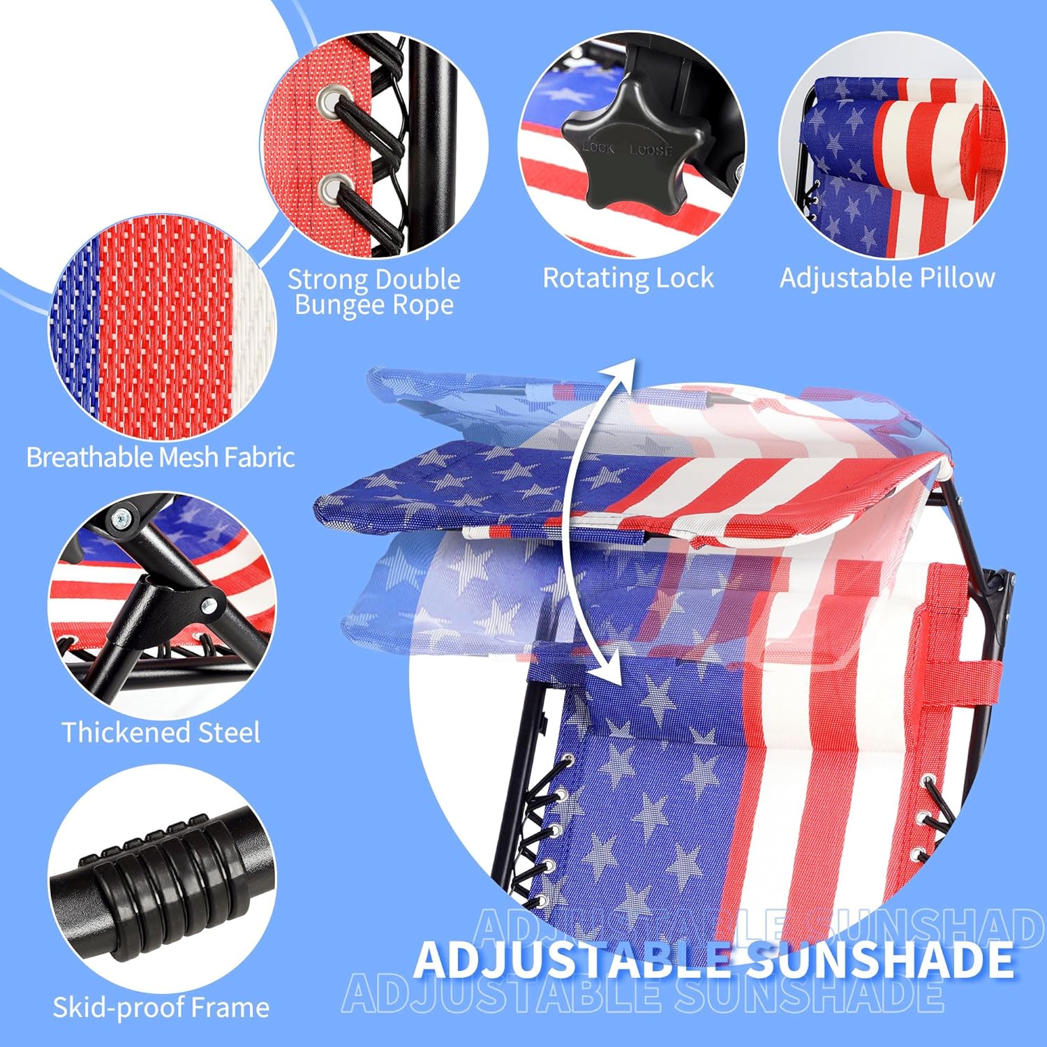 Colorsoul Zero Gravity Chair, Folding Outdoor Recliner, Adjustable Patio Lounge Chair with Canopy Shade, Side Cup Holder Tray, Removable Headrest, for Lawn, Beach, Support 400lbs, (American Flag)
