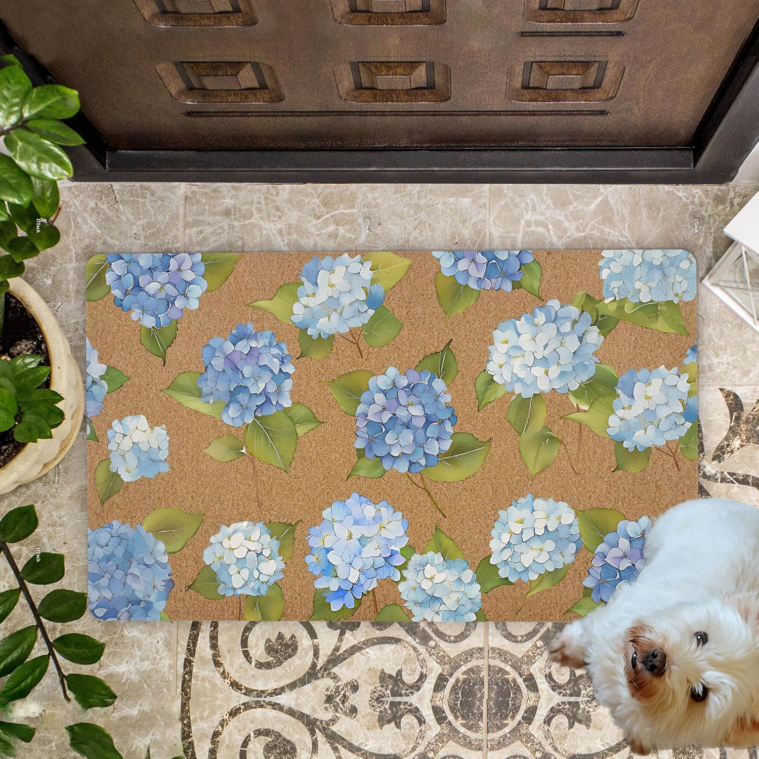 Blue Hydrangea Floral Door Mat, Hydrangea Flower Decorative Front Door Mat Outside Entrance, Blue Hydrangeas Artificial Coir Doormat Rugs for Indoor Porch Patio Entryway Entry, 17x30 in