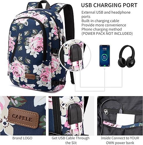 Miniatura 10 de Cafele Mochila grande para laptop de 17.3 pulgadas para adolescentes, viajes, escuela, trabajo, con puerto de carga USB, para mujer, color rosa