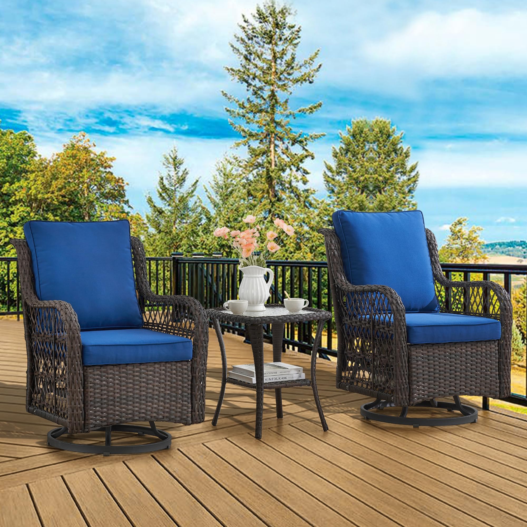 GAOMON 3 Pieces Outdoor Swivel Rocker Chair Set of 2 with Glass Top Table, Outdoor Swivel Glider Rocker, Wicker Swivel Chair Set for Patio Porch Pool (Dark Brown Wicker/Blue Cushion)