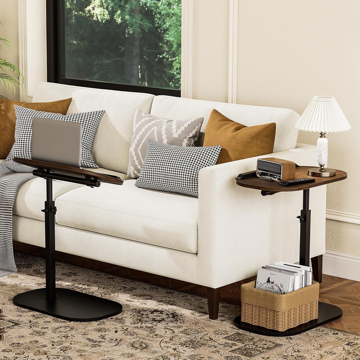 c shaped end side table with anti-drop rod, adjustable height & 360° swivel snack table for couch, sofa, bedroom, living room, tv tray table for eating, dinner or laptop, small spaces, walnut