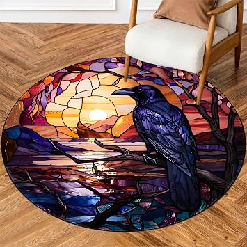 Round Area Rugs,3.3ft Raven Stained Glass Gothic Crow Stand Withered Tree Stone Lake Full Moon Pattern Rug,Spooky Washable Halloween Door Mat,Soft Halloween Bathroom Decor Non-Slip Carpet