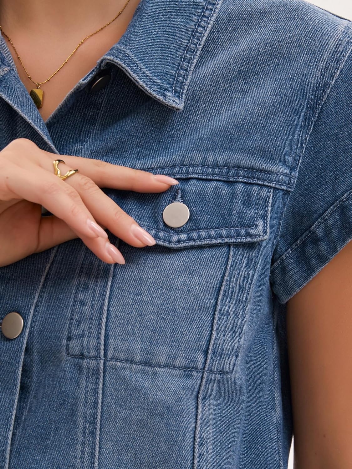 Women's Denim Jacket Cap Sleeve Cropped Button Down with Pockets Classic Jean Jackets - Image 6