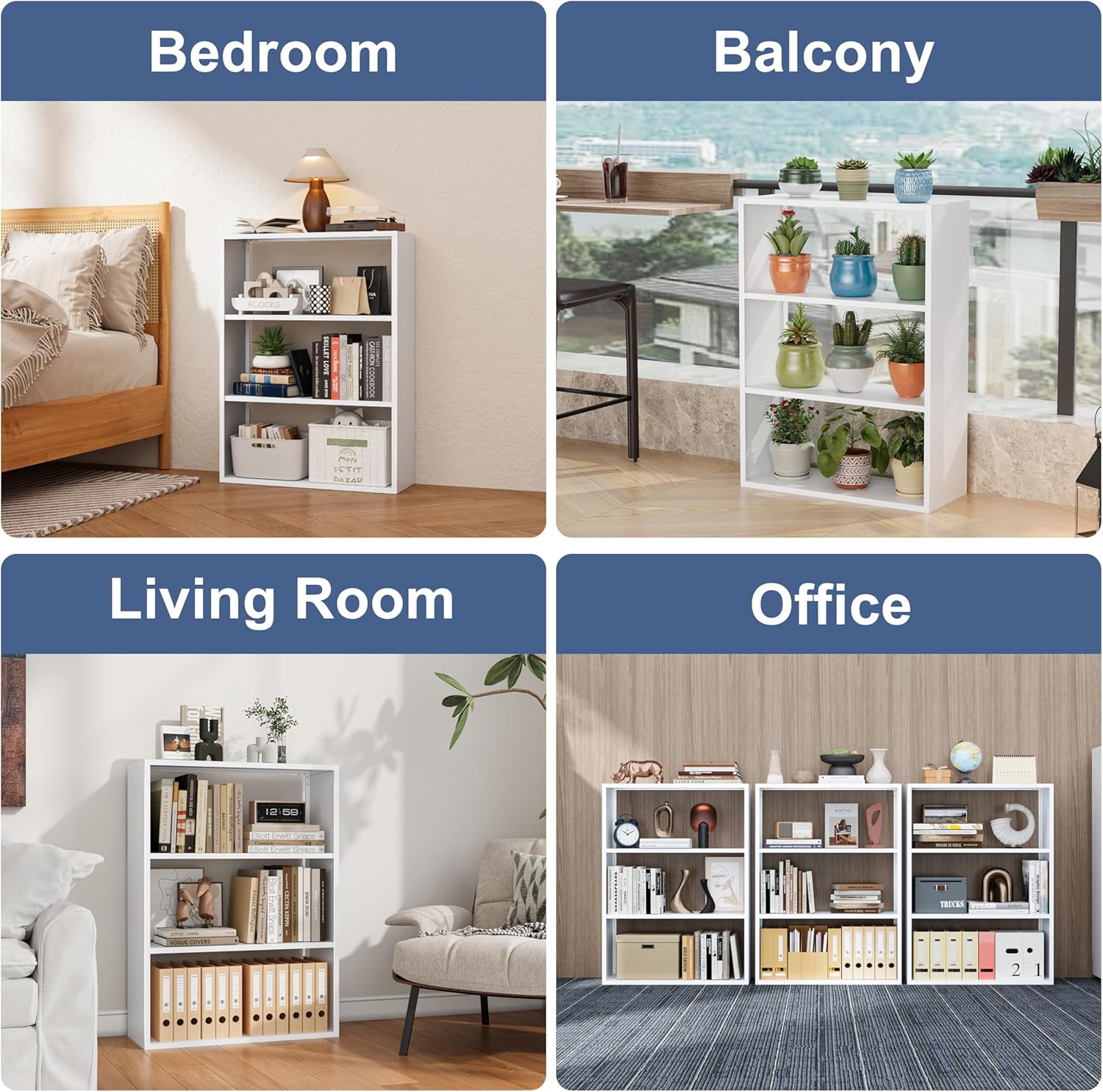 3-Tier Metal Bookshelf, Open Shelf Storage, Includes 4 Corner Bumpers, Space-Saving Vertical Storage for Living Room, Home Office, 35.43" Hx27.56 Wx11.81 D, White