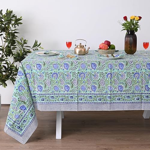 UrbanWeavers Hand Block Printed Tablecloth, Colorful Floral Print, Indian Artisa