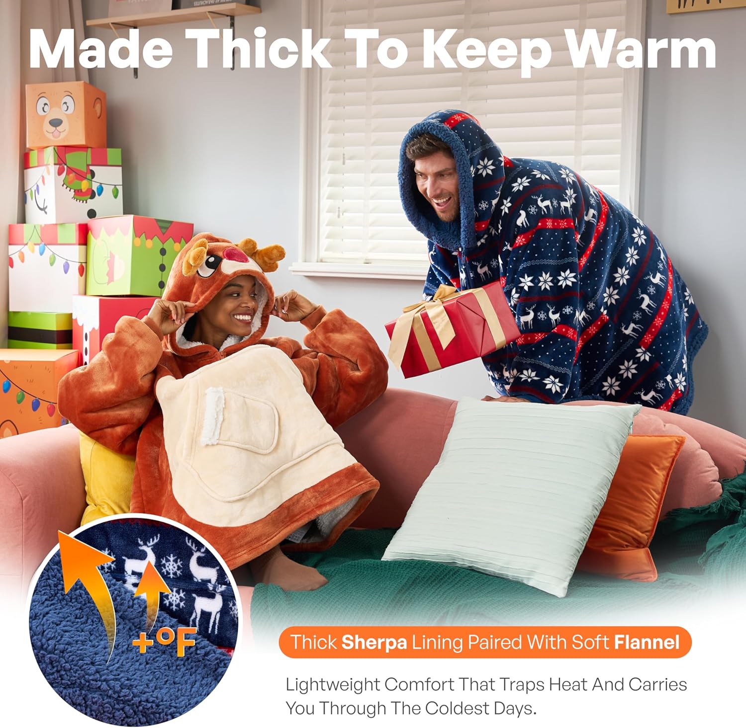 Giggling Getup Wearable Blanket Hoodie for Adults Gifts for Teen Girls Sister Women Sherpa Fleece Printed Hooded Blanket Sweatshirt Warm Cozy with Pocket & Sleeves Blue Christmas Nordic - Image 2