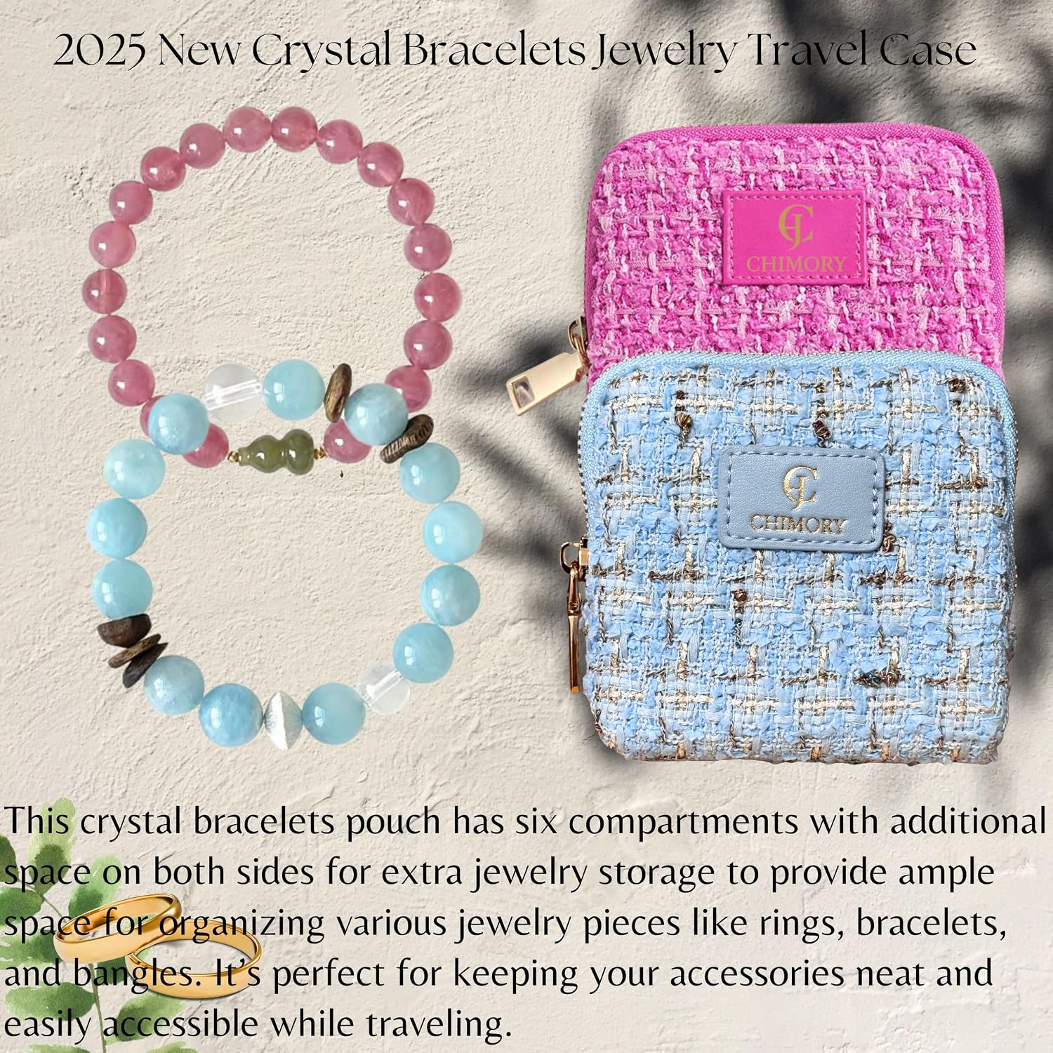 2026 New Travel Jewelry Case – Jewelry Organizer Travel for Rings, Bracelets, & Bangles with Smooth Metal Zipper, Elegant Jewelry Roll for Journey, Crystal Jewelry Storage Pouch, Mini, Tweed Blue