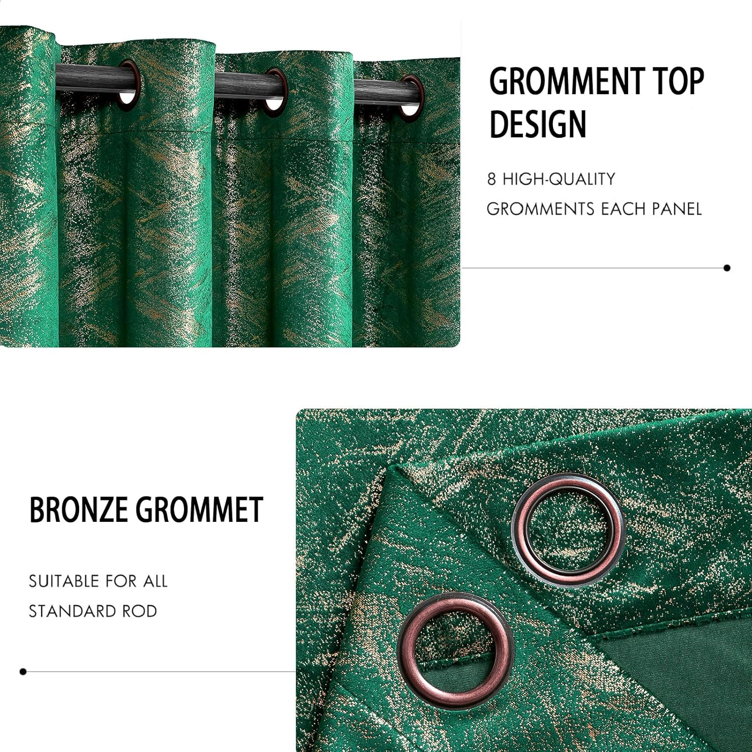 Luxury Green Velvet Curtains 96 inches Long 2 Panels Modern Gold Foil Print Privacy Curtains for Bedroom Living Room Thermal Insulation Soft Blackout Christmas Grommet Window Treatments, Hunter Green