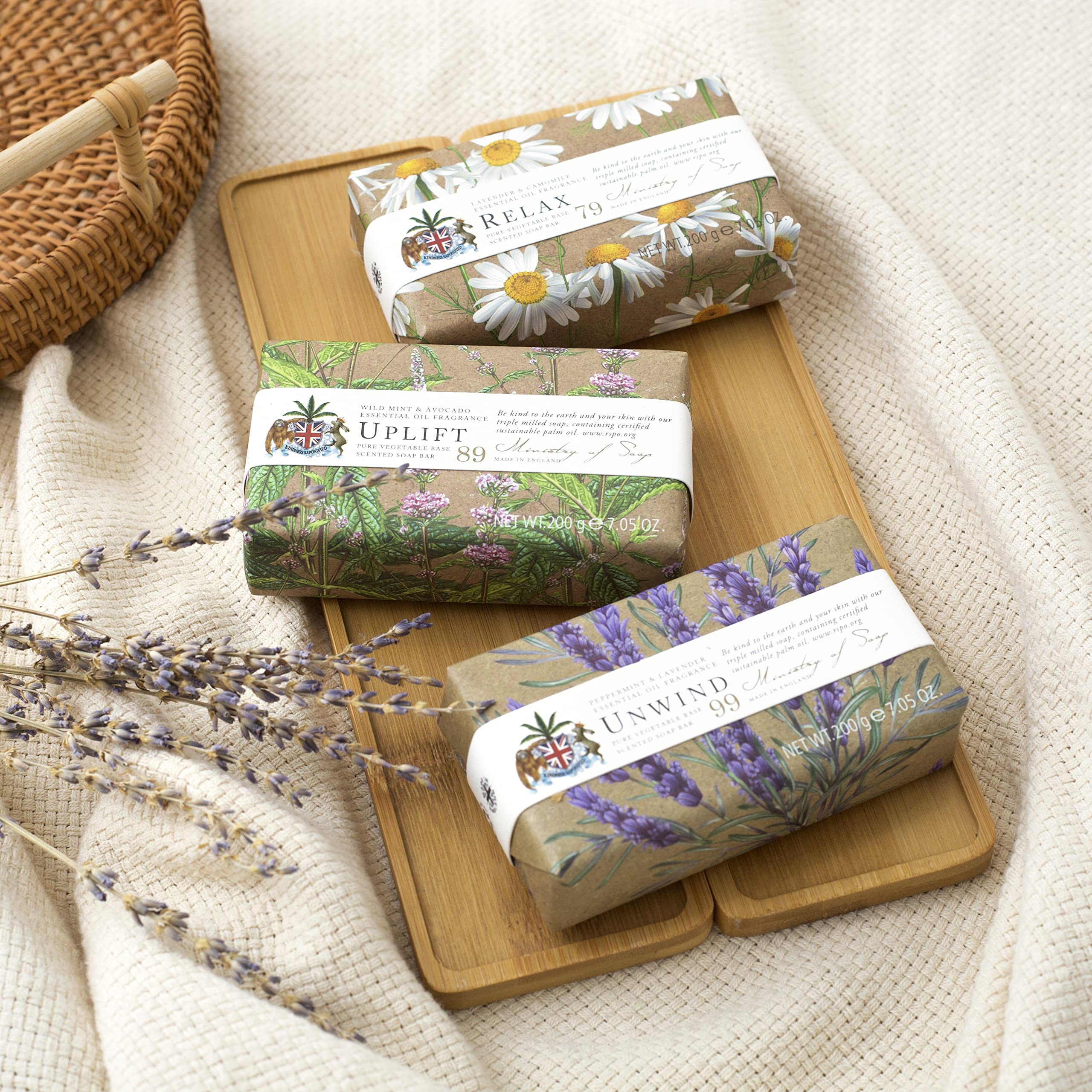 Ministry of Soap Natural Wellbeing Wrapped Soap Relax, Naturally Coloured, Triple-Milled Soap, Lavender and Chamomile 200g - Image 3