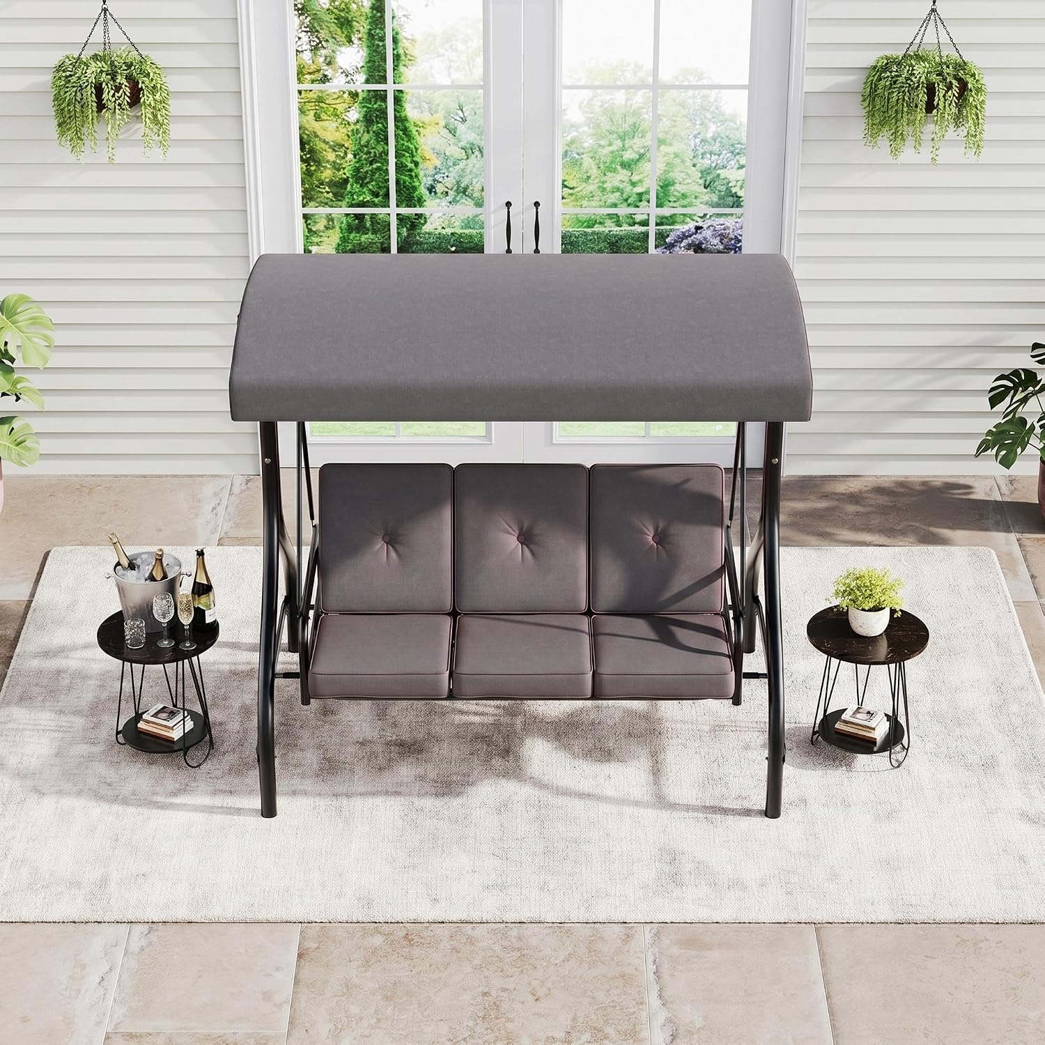 3-Seat Outdoor Porch Swing with Adjustable Canopy, Patio Swing Chair with Stand, 800 Lbs Heavy Duty Steel Frame, Reclines to 180° Swing Bed, Cup Holder Trays, Cushions & Pillows for Garden, Grey