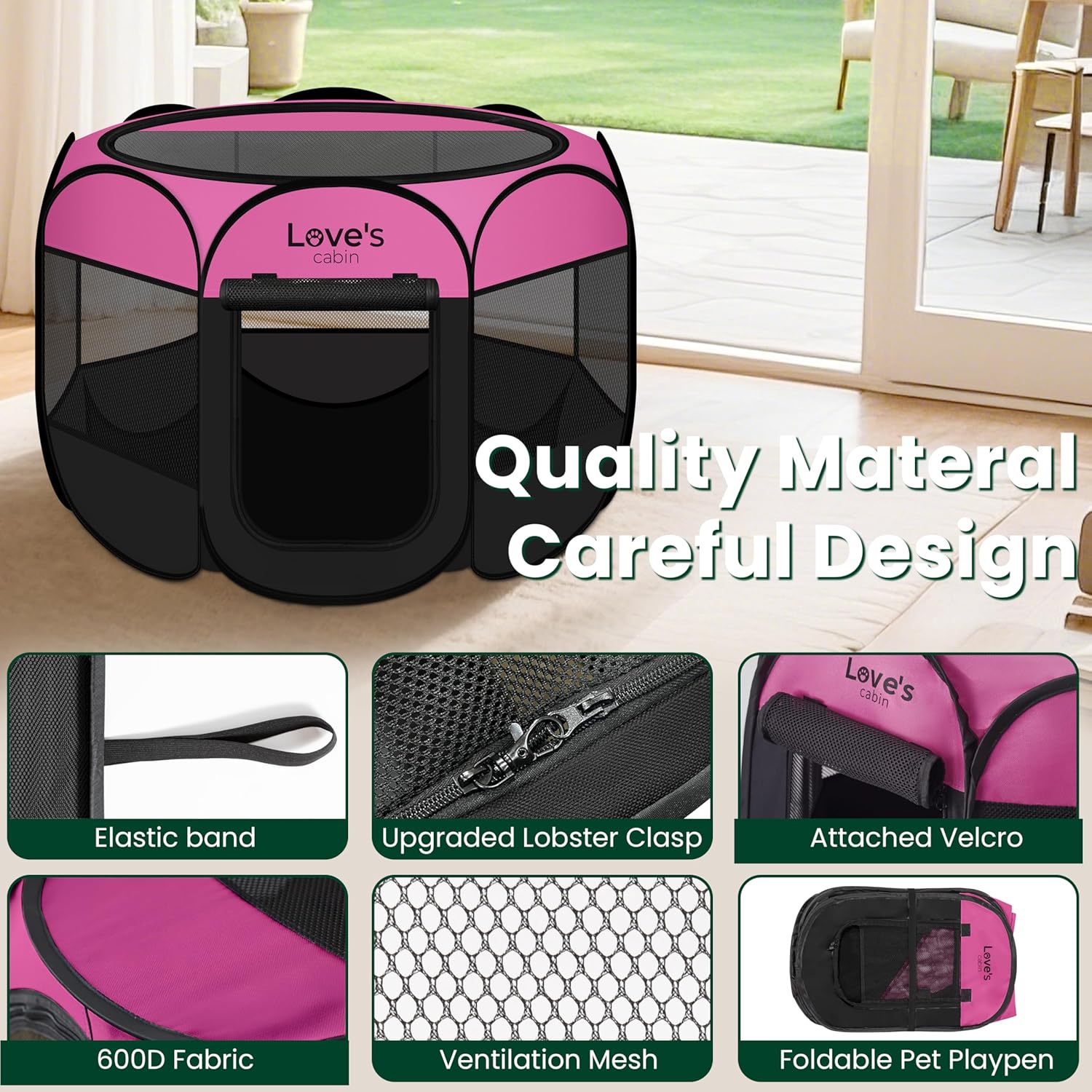 Love's cabin Pet Puppy Dog Playpen, Small Dog Tent Crates Cage Indoor/Outdoor, Portable Playpen for Cat, Foldable Pop Up Dog Kennel Playpen with Carring Case, Removable Zipper Top, Pink