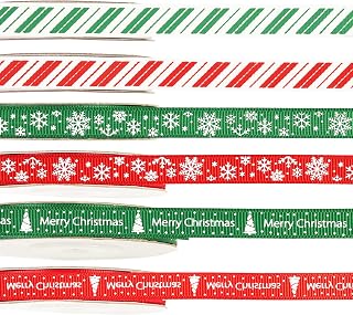 60 Yards 3/8" Christmas Ribbon for Crafts, 6 Rolls White Red Green Grosgrain Ribbon Merry Christmas Snowflake Ribbon for Gift Wrapping DIY Crafts Xmas Decoration