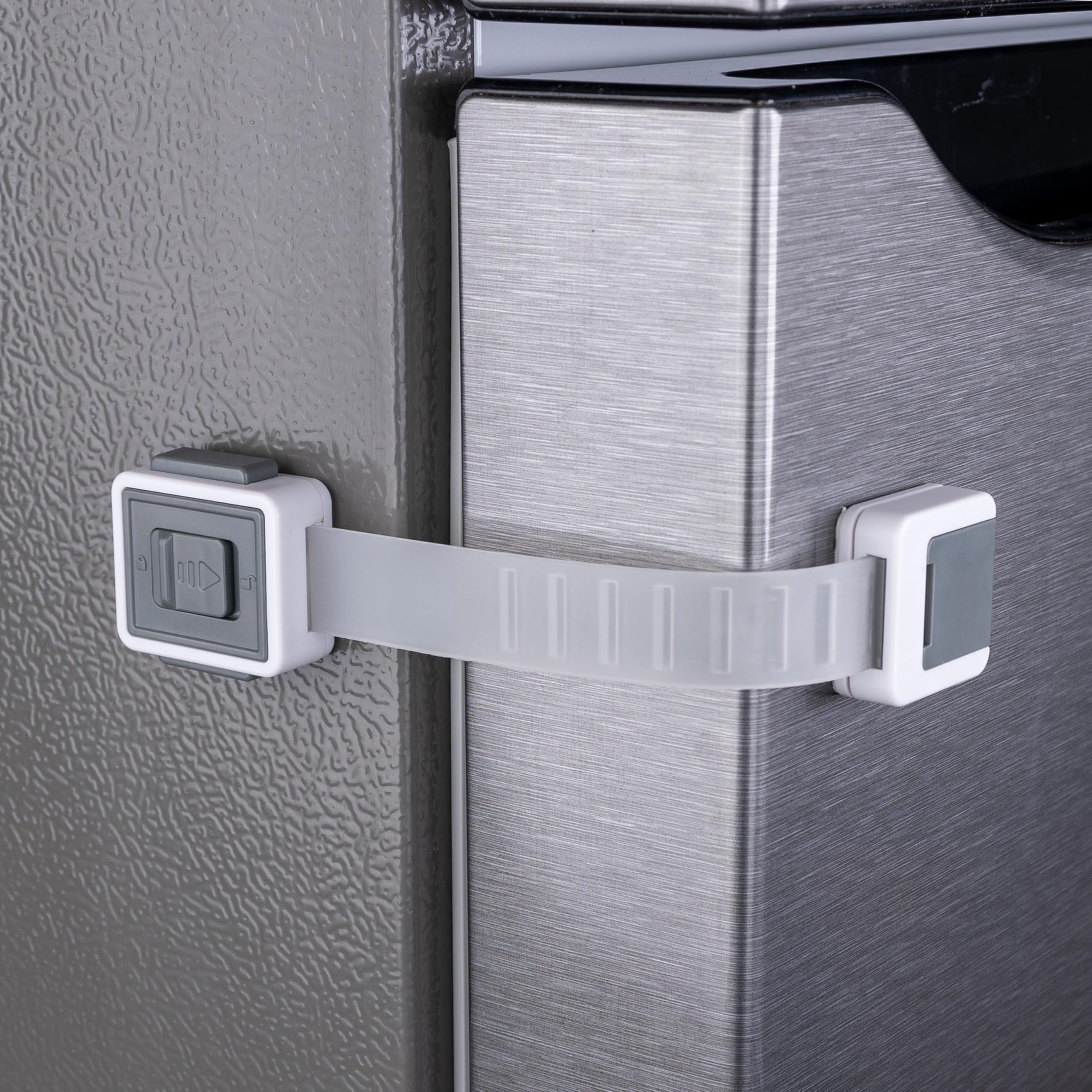 Photo 1 of 2-Pack Child Proof Fridge Lock with Adhesive - Adjustable Baby Proofing Straps - Refrigerator Lock for Kids - Freezer Latch to Keep Door Closed - for Toddlers, Cats, & Dogs - Universal Compatibility