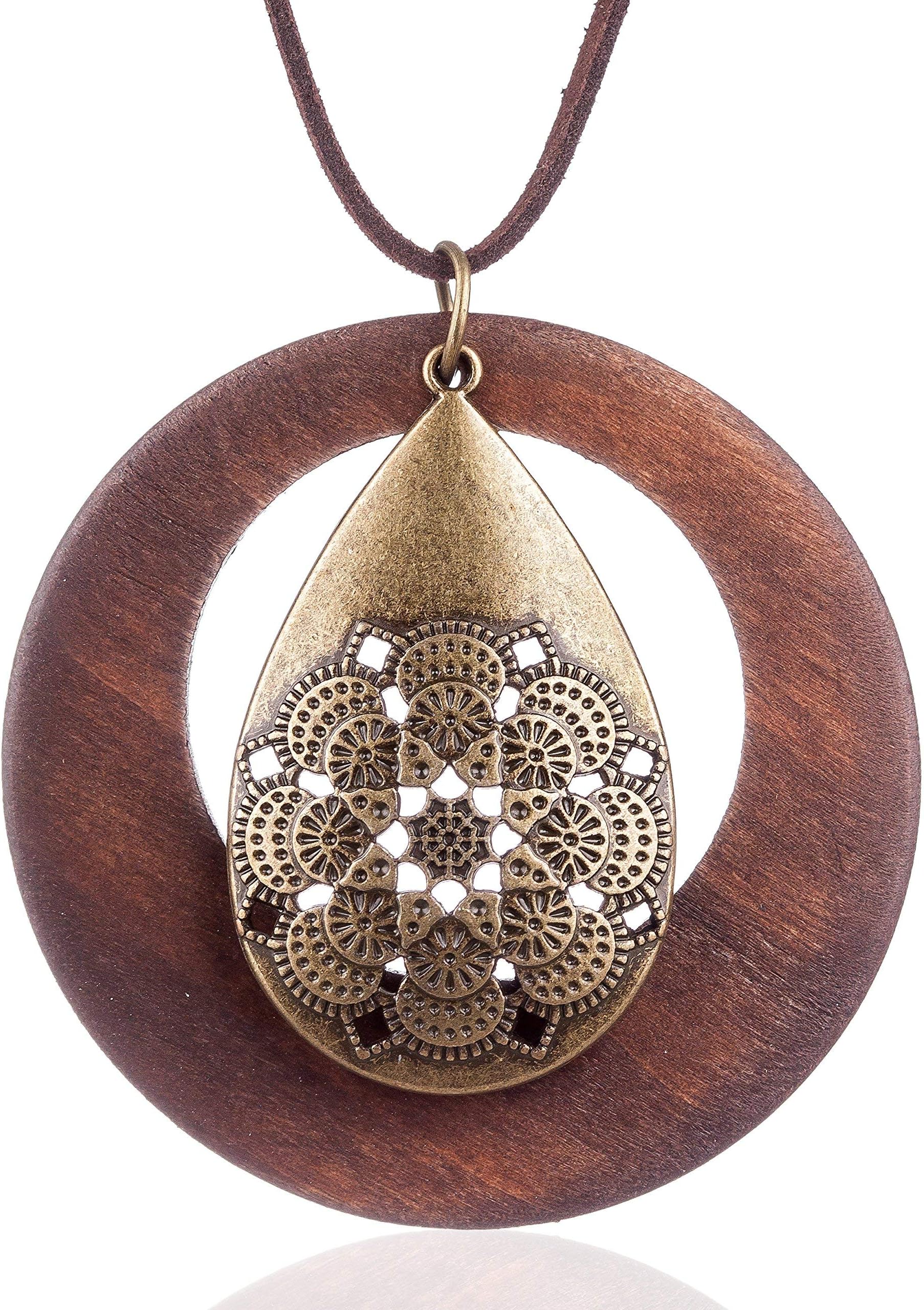 Womens Pendant Necklace Wood Handmade Jewelry Long Rope Sweater Necklace for Woman Gift,Vintage Style Women, Jewelry,Wood Waterdrop Alloy Pendant Sweater Chain
