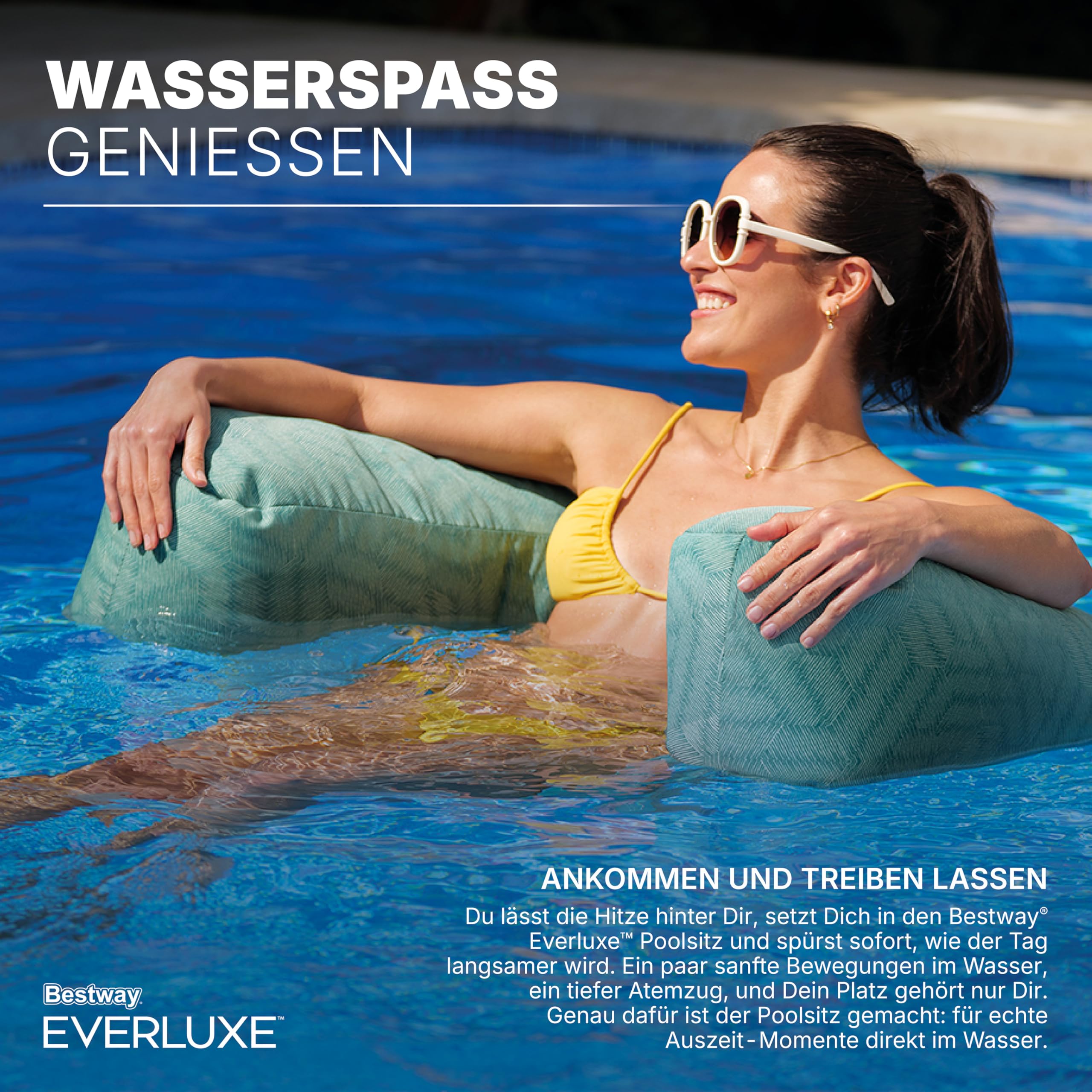 Bestway Everluxe Poolsitz 92x66x20 cm mit Textiloberfläche, EPS-Perlen-Füllung, ComfortCool Netz-Liegefläche, schnell trocknend, UV-beständig, bis 100 kg
