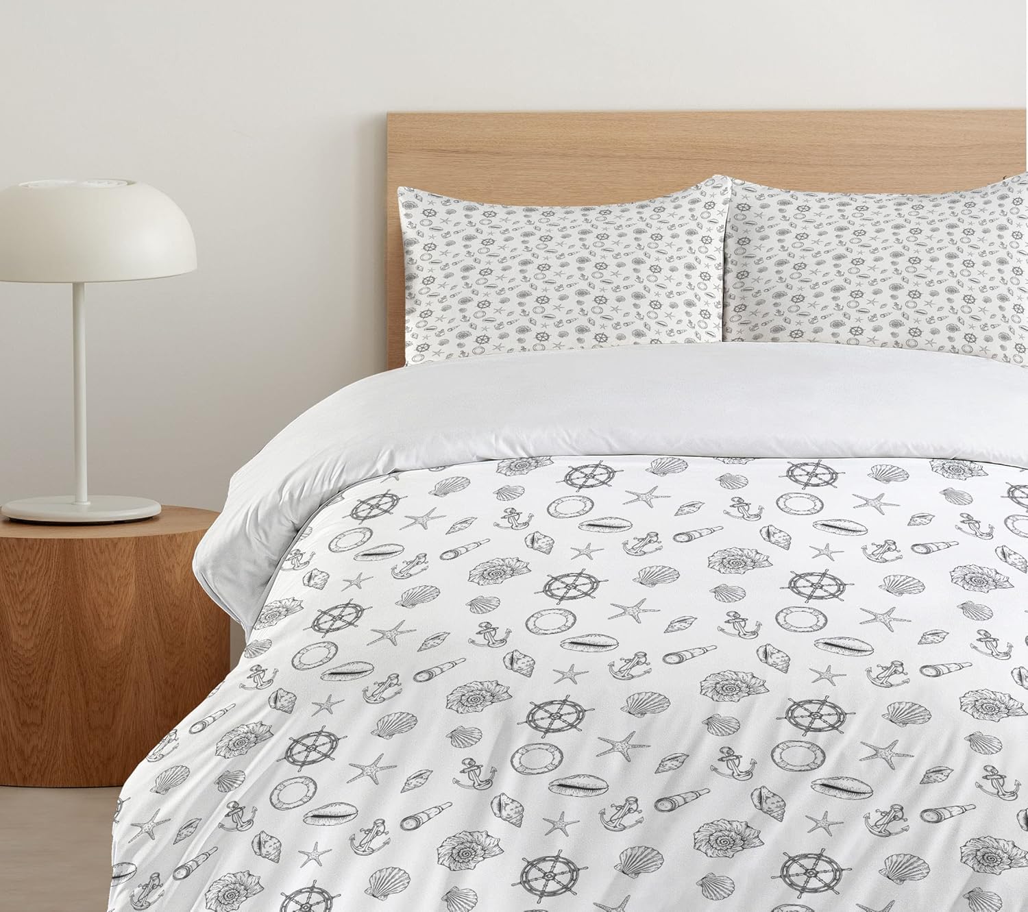 Ambesonne Sea Shells Duvet Cover Set, Hand Drawn Monochrome Nautical Elements Helm Anchor Starfish Design, Decorative 2 Piece Bedding Set with 1 Pillow Sham, Twin Size, White and Charcoal Grey