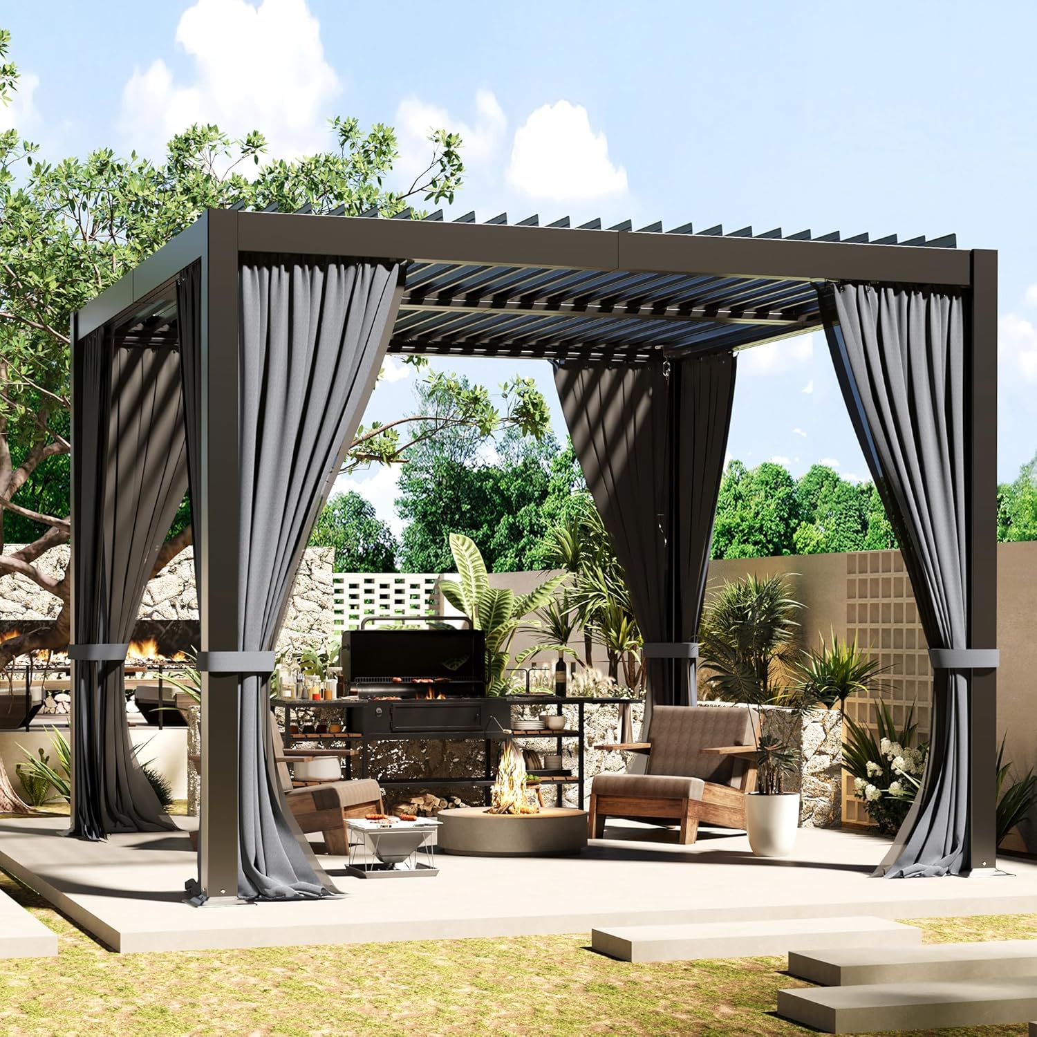 Louvered Pergola 10'×10',Aluminum Frame with Adjustable Louvered Roof and Screen,Multifunctional Outdoor Pergola with Waterproof Curtains and Nets for Patio,Backyard,Deck,Grey