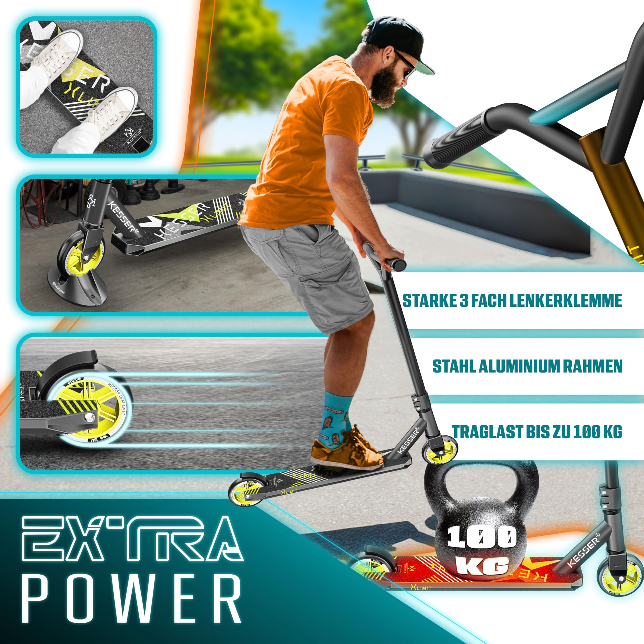 KESSER® Trottinette Freestyle | Trottinette Freestyle X-Limit | Direction à 360° | Roulements à Billes ABEC 9 de 100 mm | Roues en polyuréthane | Robuste | Anthracite