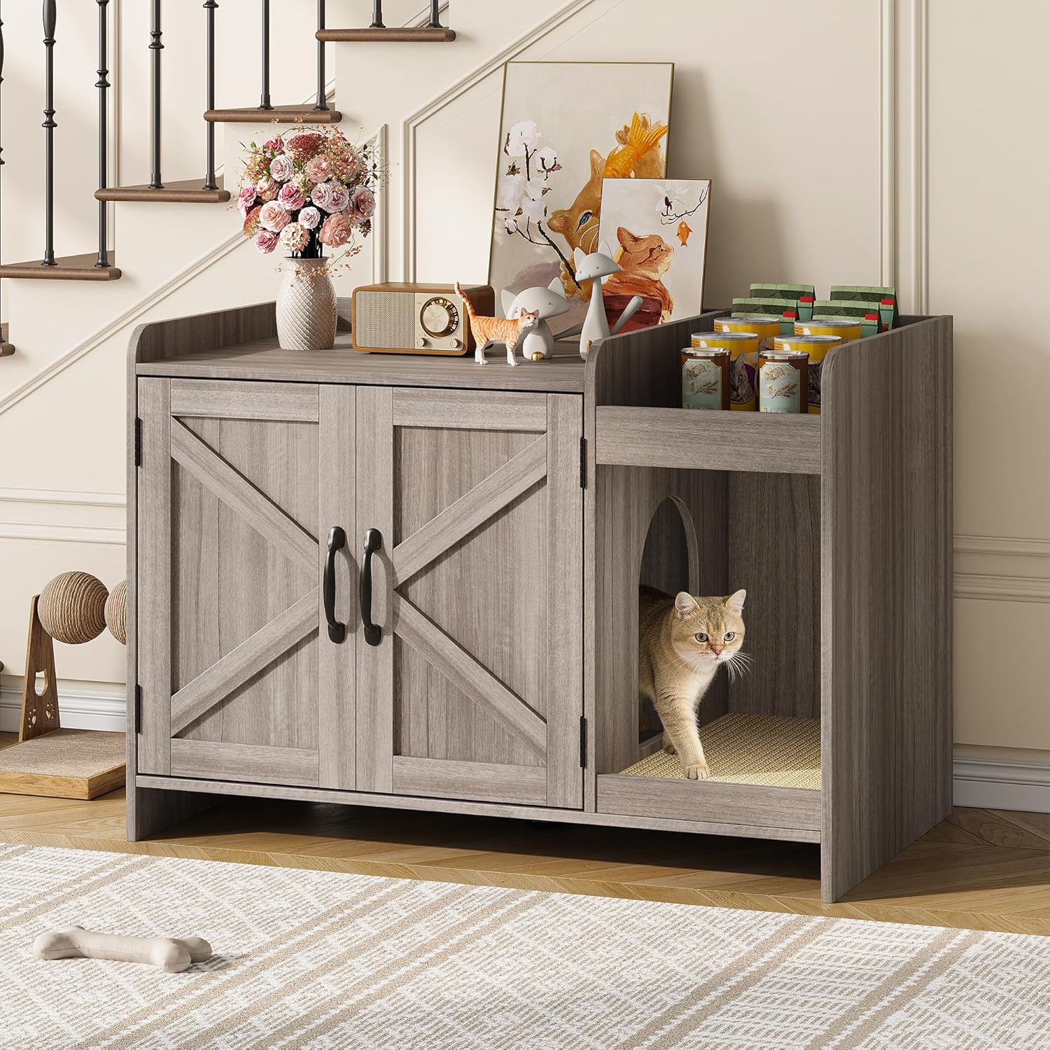 Cat Litter Box Enclosure, Hidden Litter Box Furniture with Scratch Pad and Storage, Modern Indoor Cat House with Divider, Side End Table, Grey